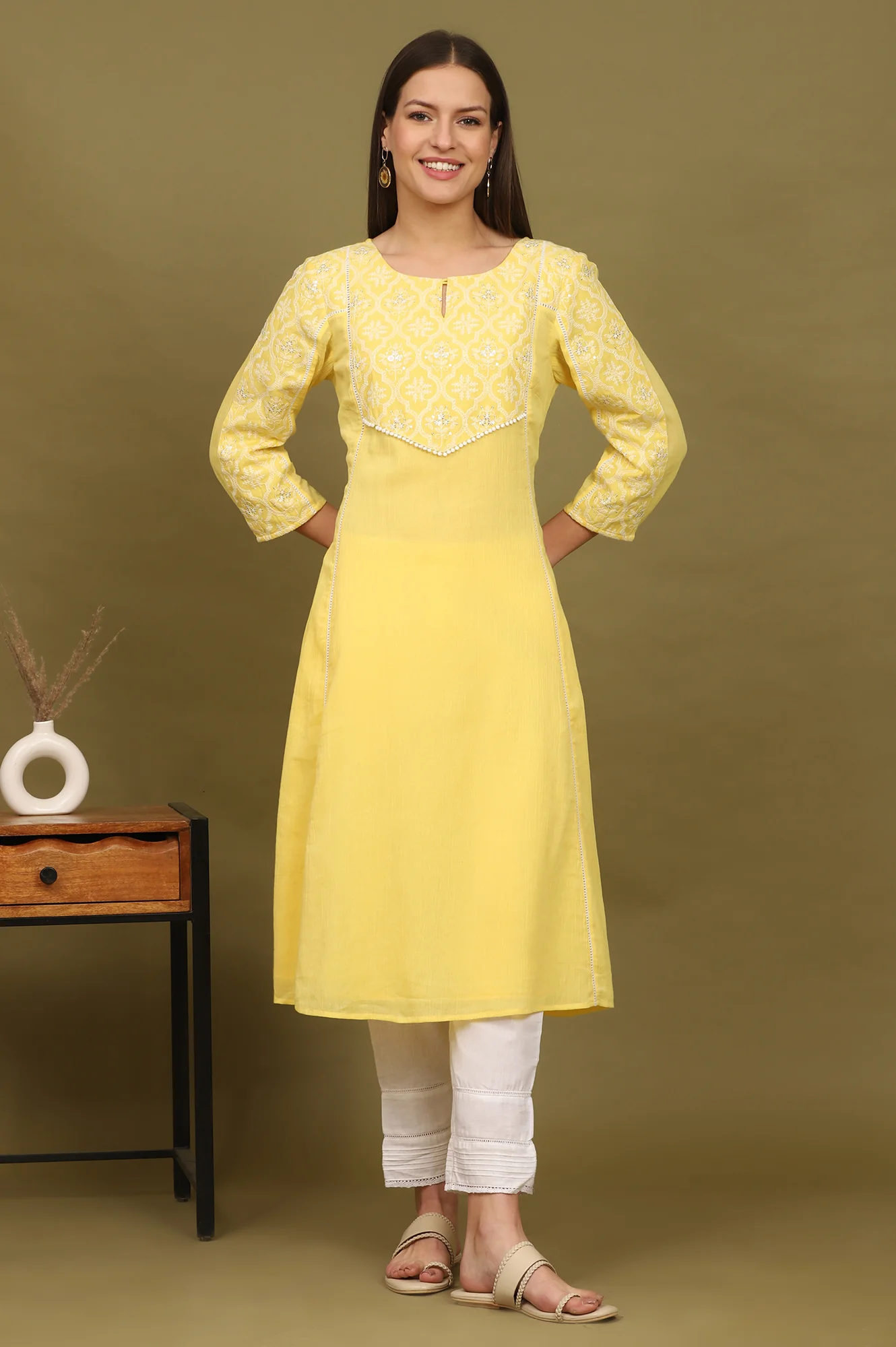 Daffodil Yellow Embroidered Yoke Crinkle Cotton Flared Kurta - Image 3