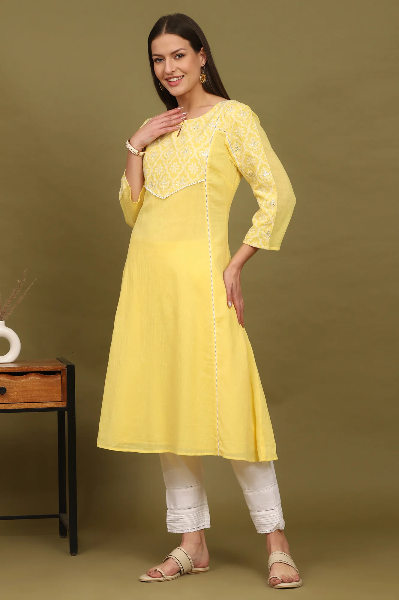 Daffodil Yellow Embroidered Yoke Crinkle Cotton Flared Kurta - Image 5
