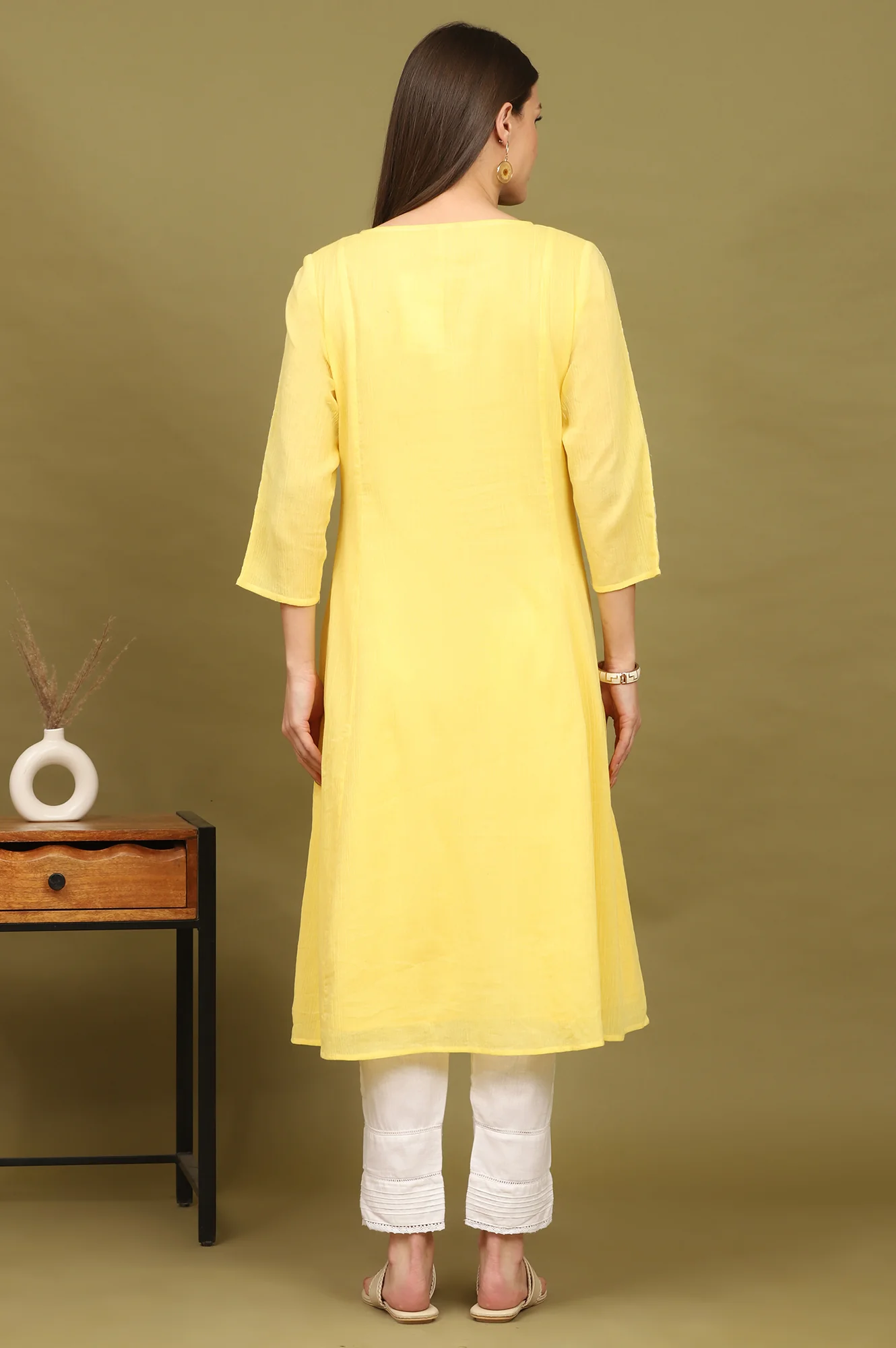 Daffodil Yellow Embroidered Yoke Crinkle Cotton Flared Kurta - Image 6