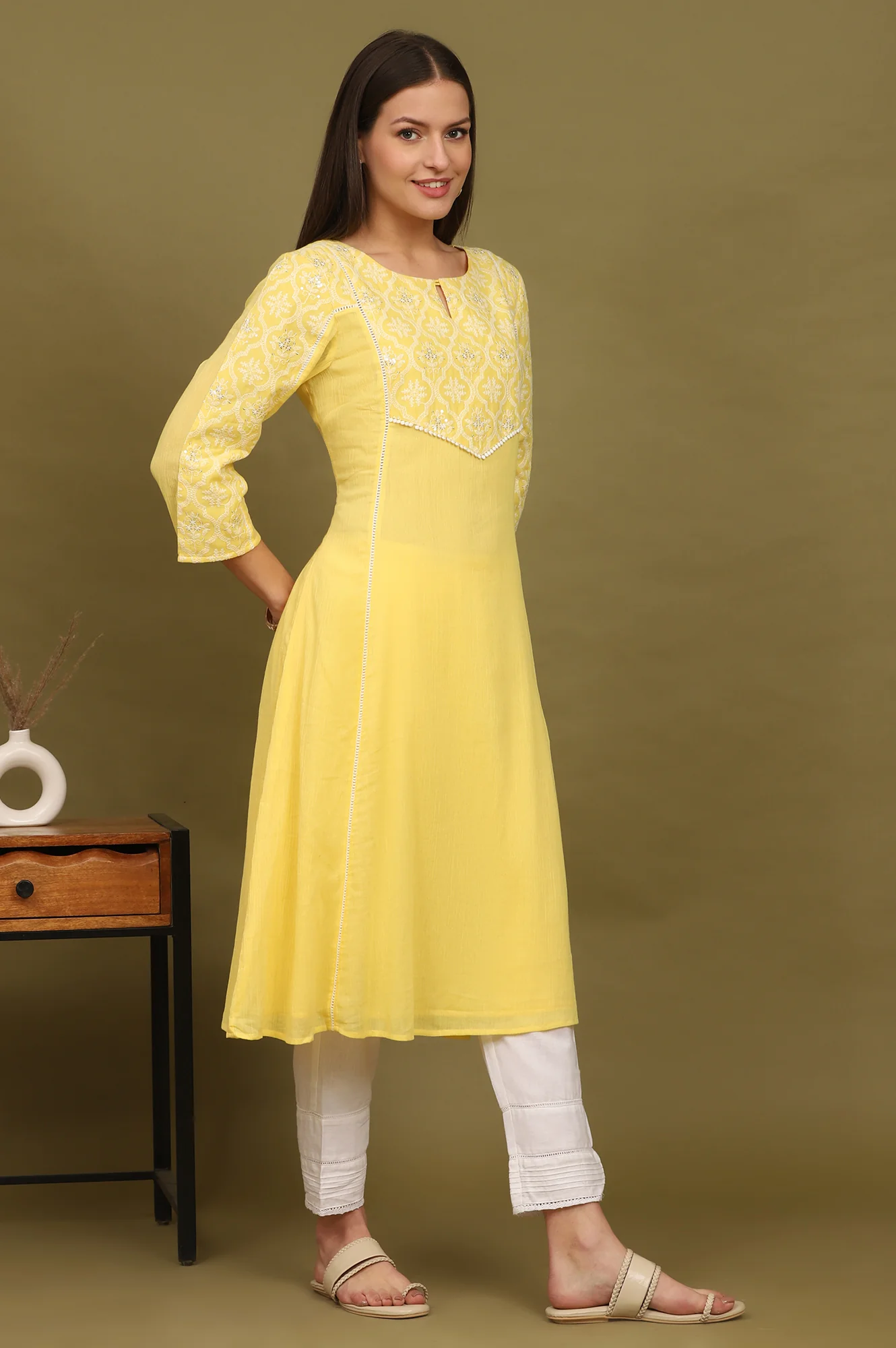 Daffodil Yellow Embroidered Yoke Crinkle Cotton Flared Kurta - Image 7