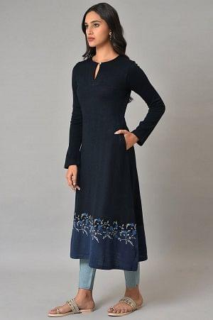Dark Blue A-Line Colour Blocking Plus Size Winter kurta - Image 3