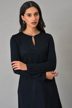 Dark Blue A-Line Colour Blocking Plus Size Winter kurta - Image 5