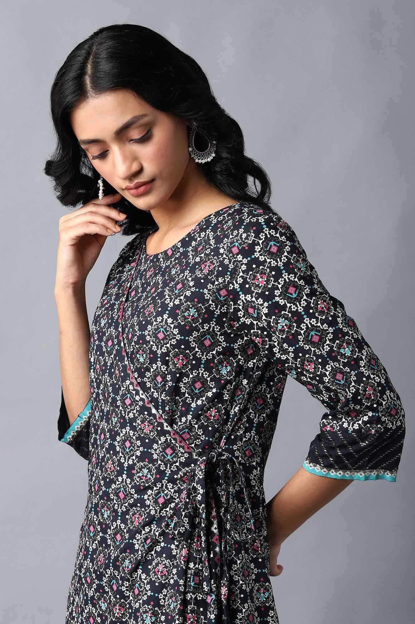 Dark Blue Angrakha Jumpsuit In Round Neck - Image 5