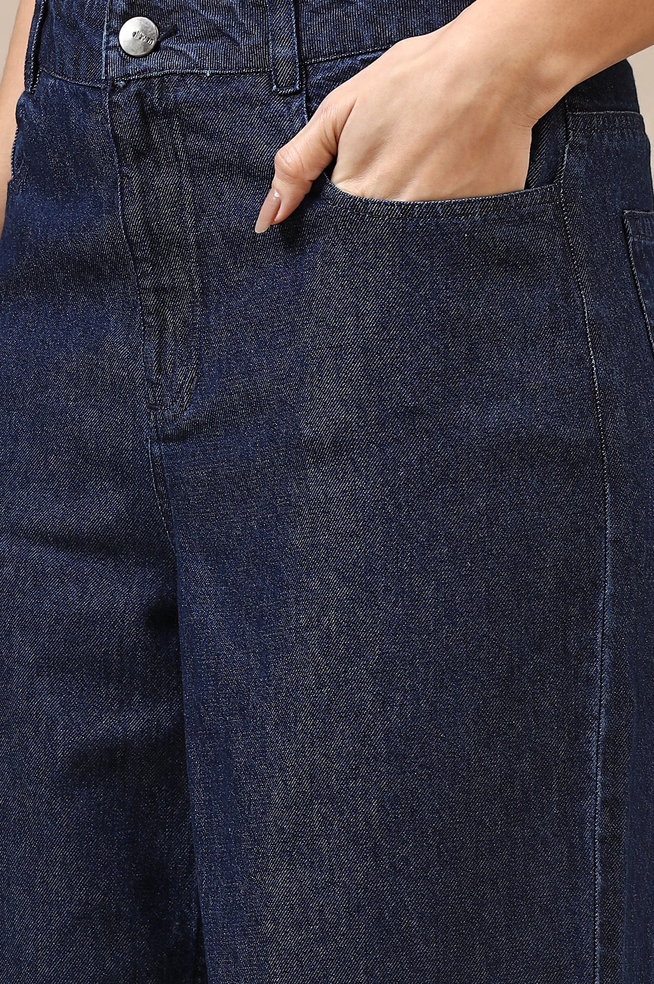 Navy Blue Solid Flared Cotton Denim Pants with High-waisted Design - Image 3