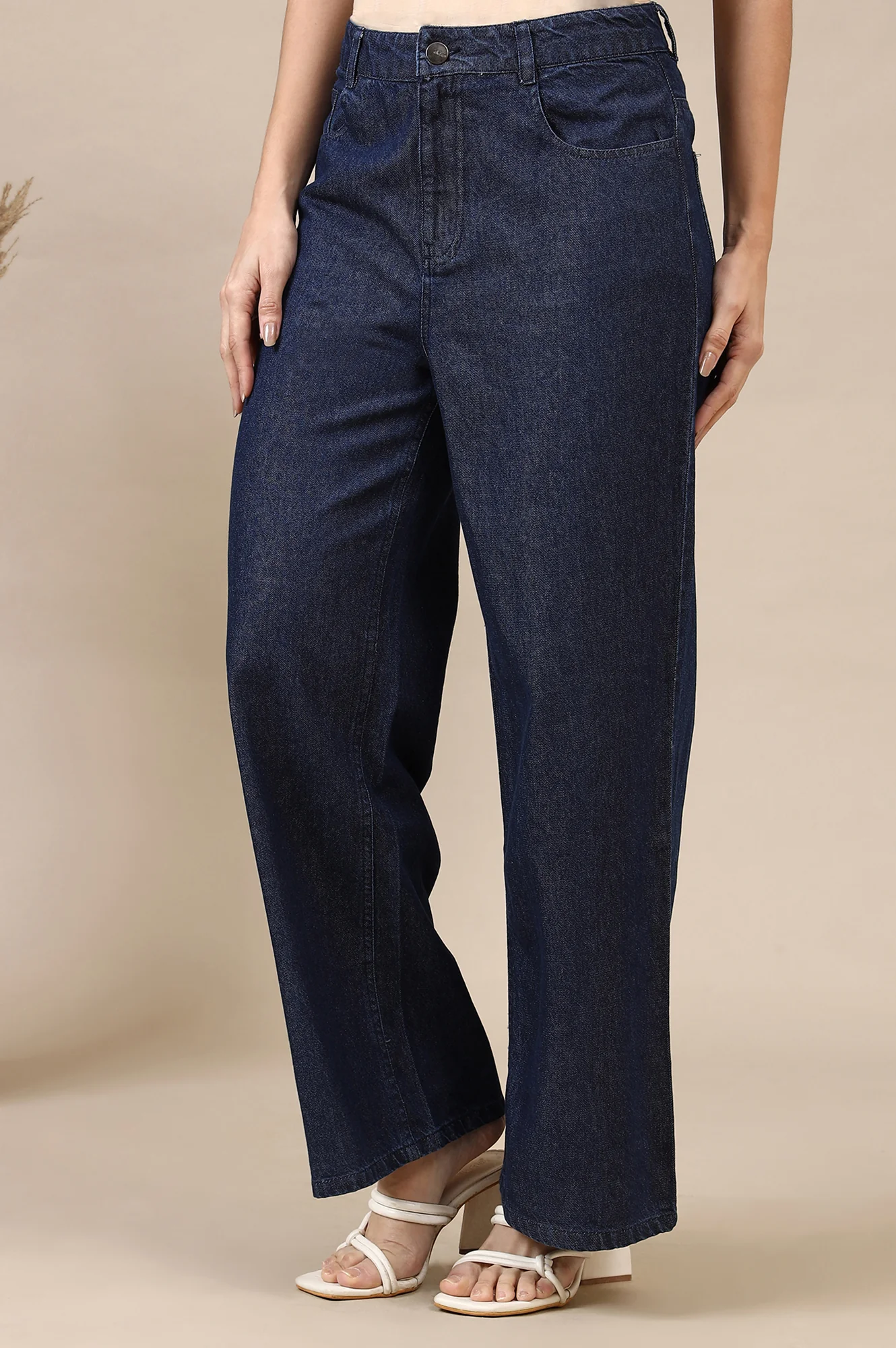 Navy Blue Solid Flared Cotton Denim Pants with High-waisted Design - Image 4