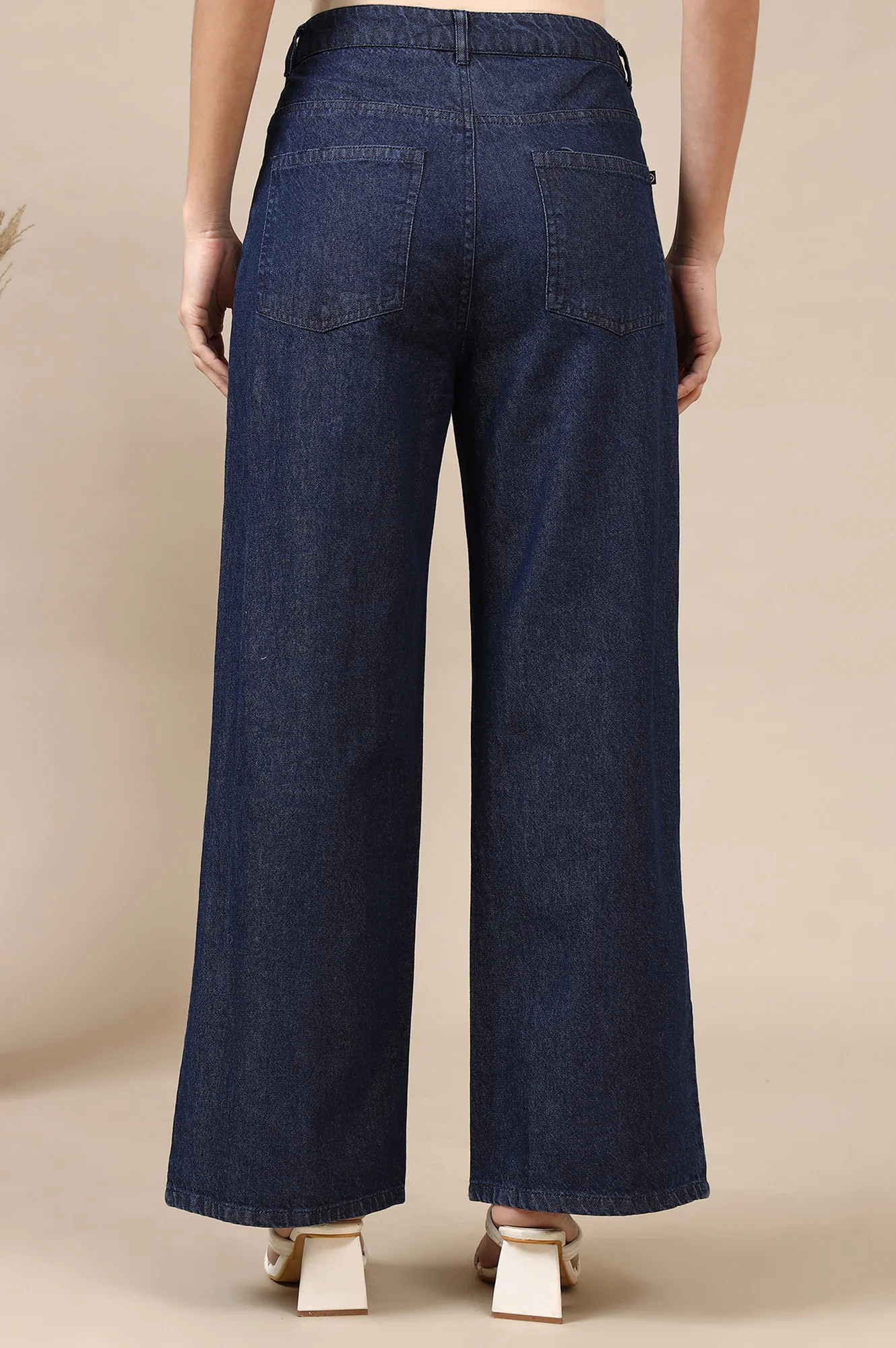 Navy Blue Solid Flared Cotton Denim Pants with High-waisted Design - Image 5