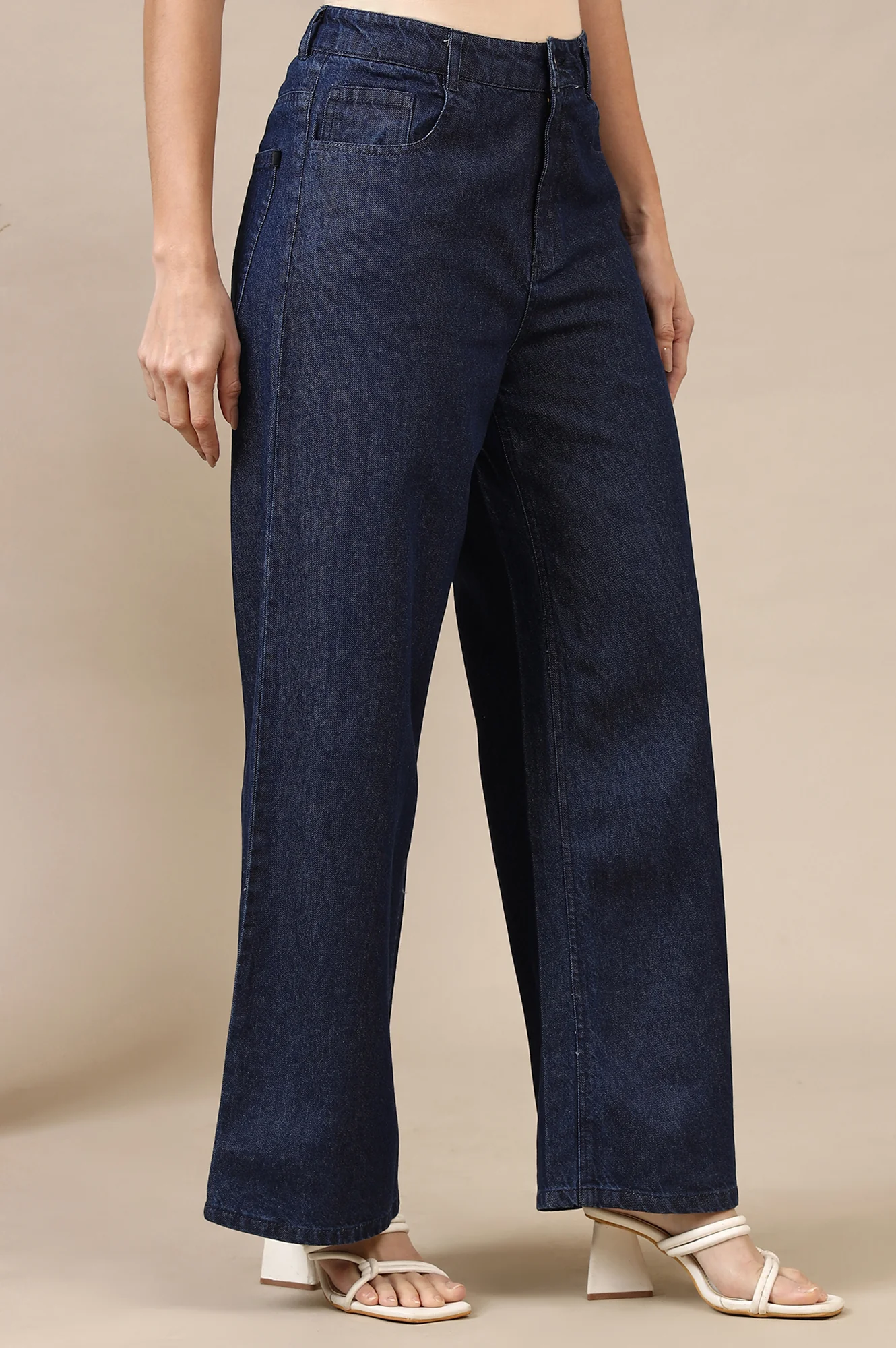 Navy Blue Solid Flared Cotton Denim Pants with High-waisted Design - Image 6