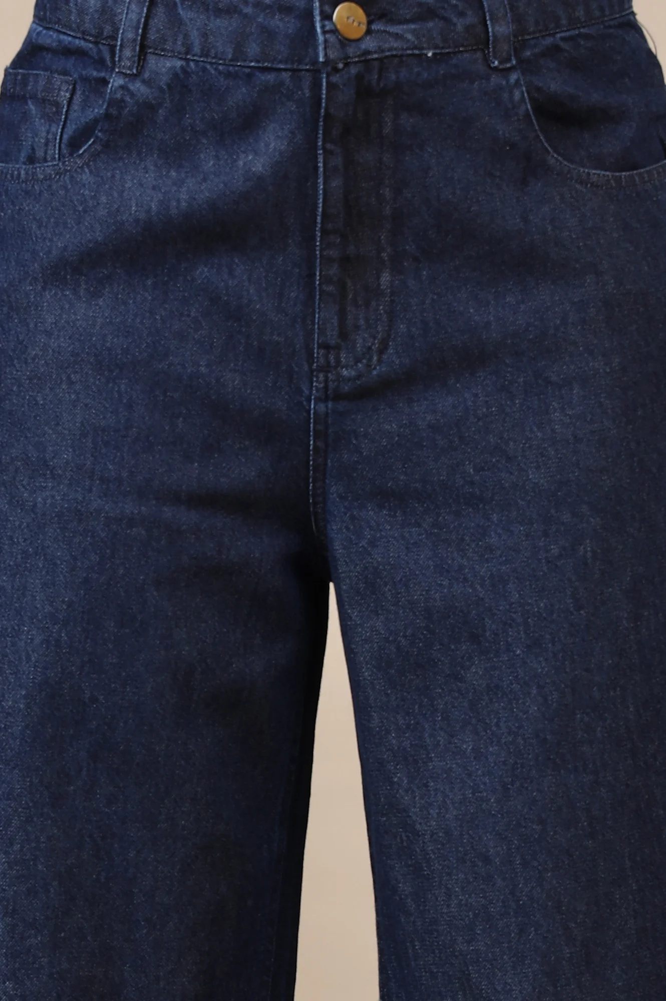 Navy Blue Solid Flared Cotton Denim Pants with High-waisted Design - Image 7