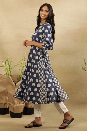 Dark Blue Dabu Block Printed Shirt Dress Kurta In Cotton Voile - Image 2