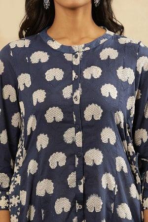 Dark Blue Dabu Block Printed Shirt Dress Kurta In Cotton Voile - Image 5