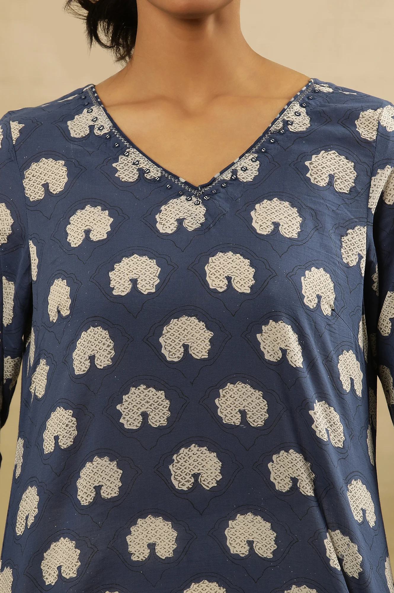 Dark Blue Dabu Block Printed V-Neck Kurta - Image 6