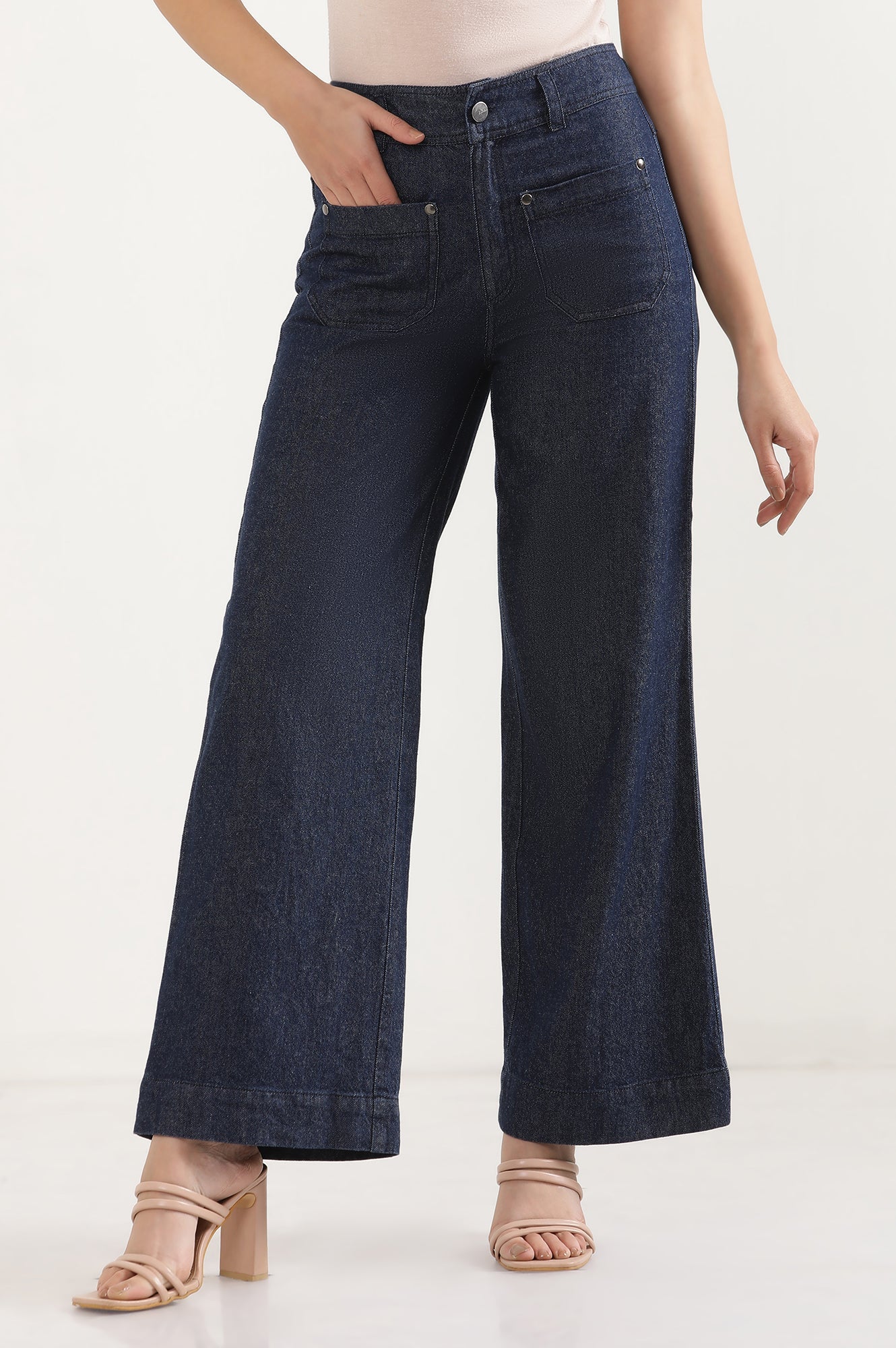 Navy Blue Solid Flared Denim Pants with Button Detail - Image 2