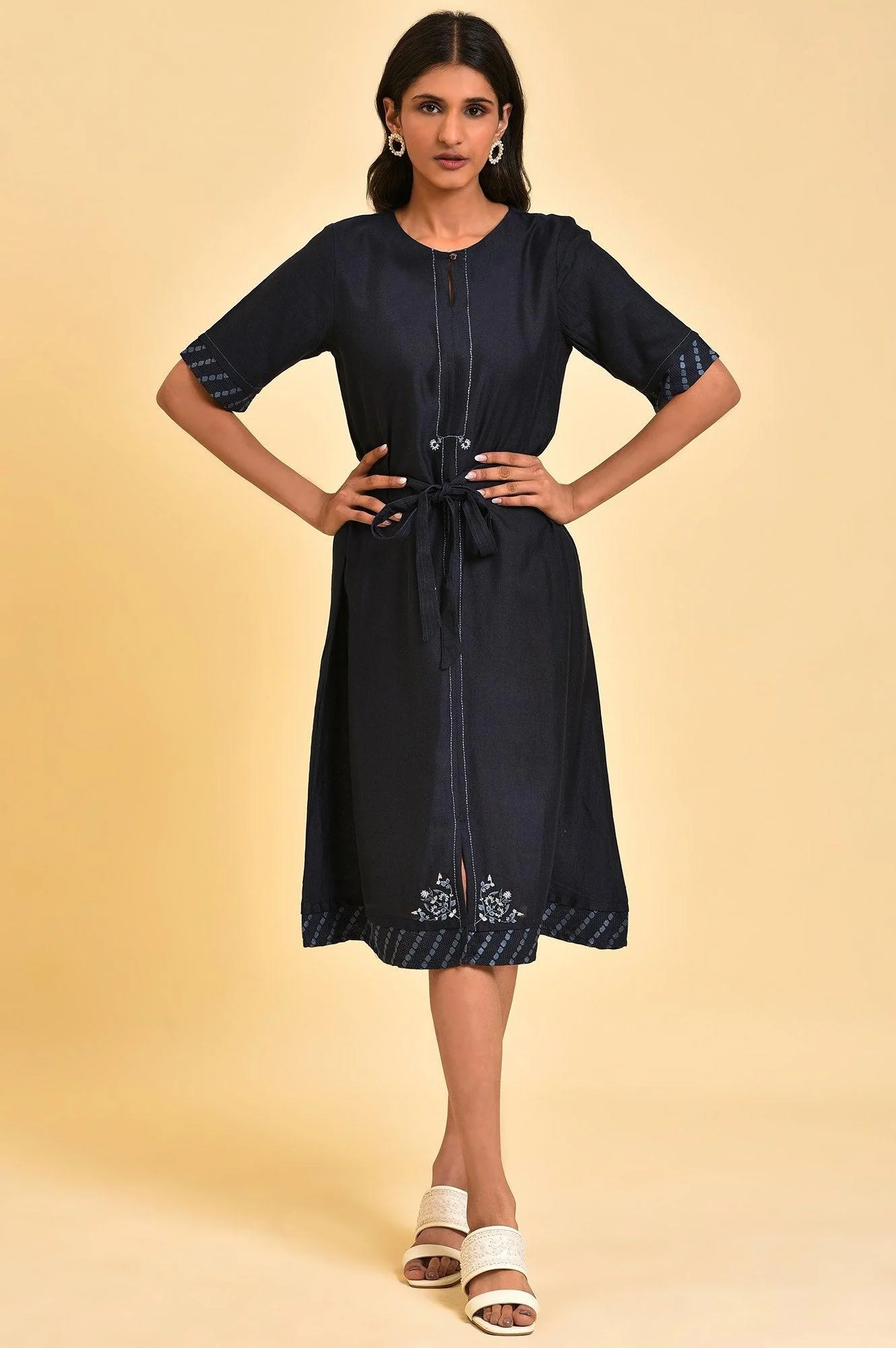Dark Blue Embroidered A-libe Western Dress - Image 2