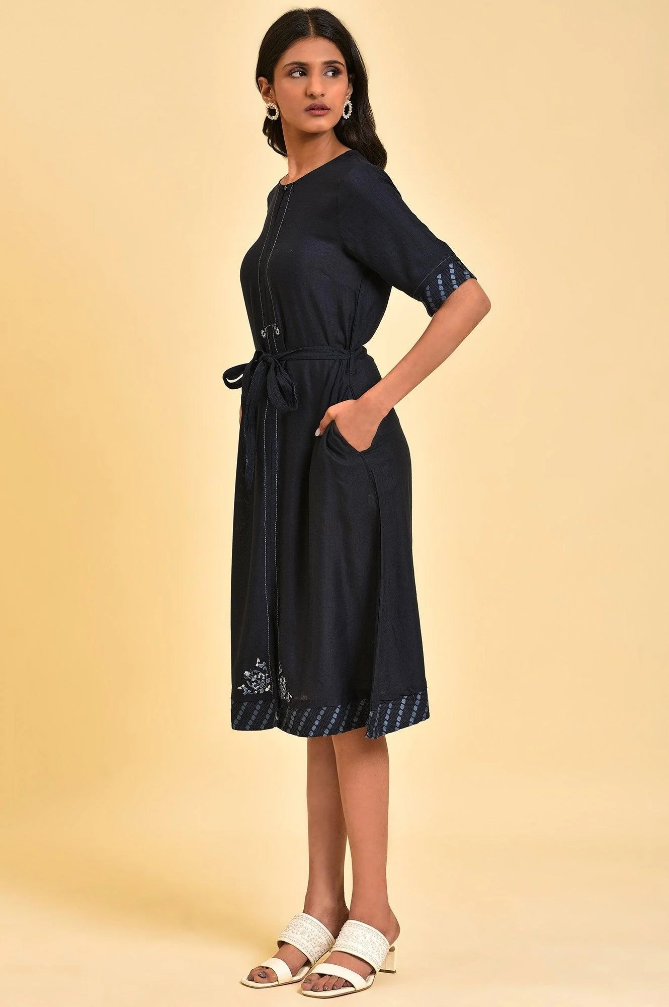 Dark Blue Embroidered A-libe Western Dress - Image 4