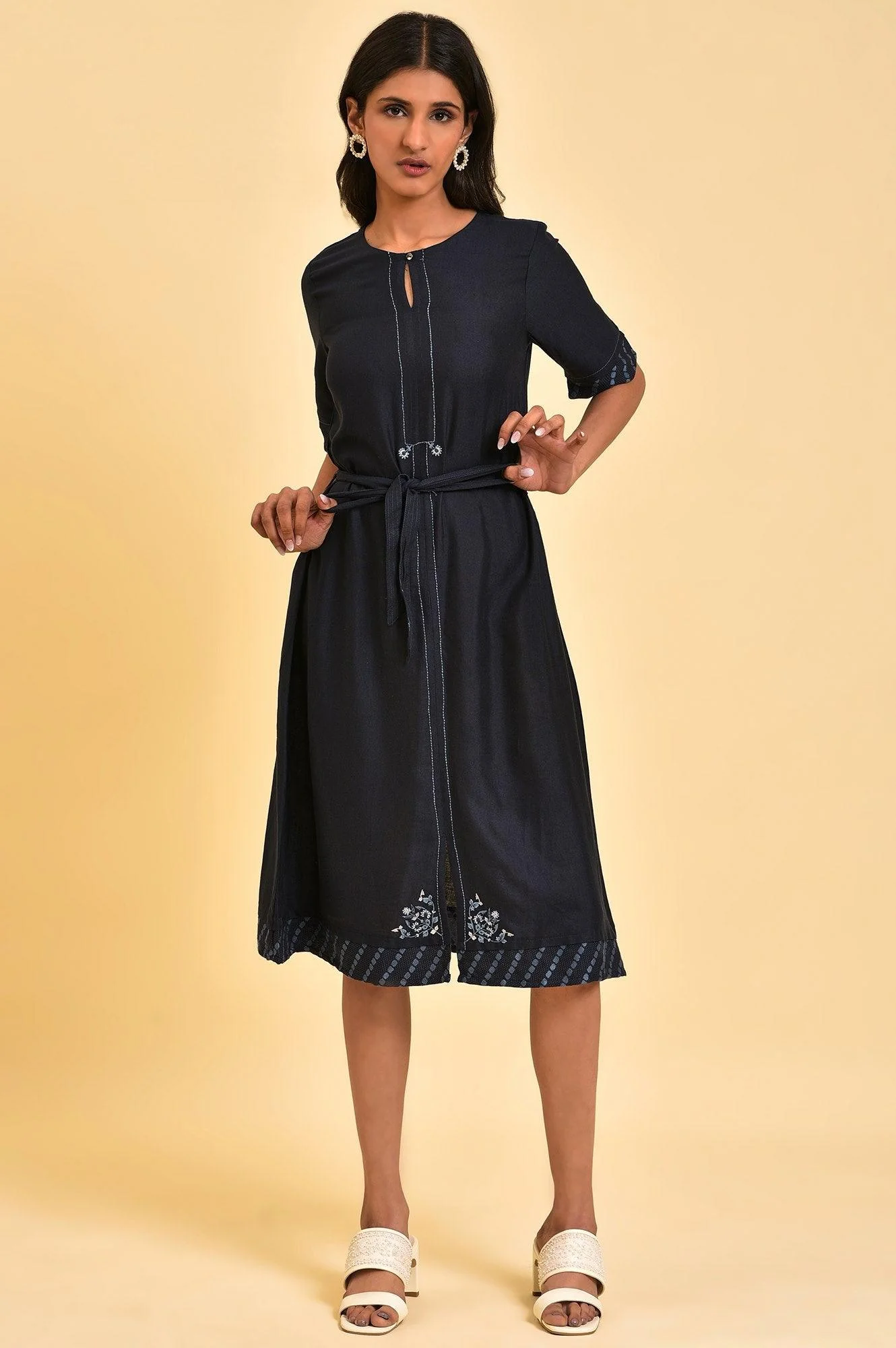 Dark Blue Embroidered A-libe Western Dress - Image 7