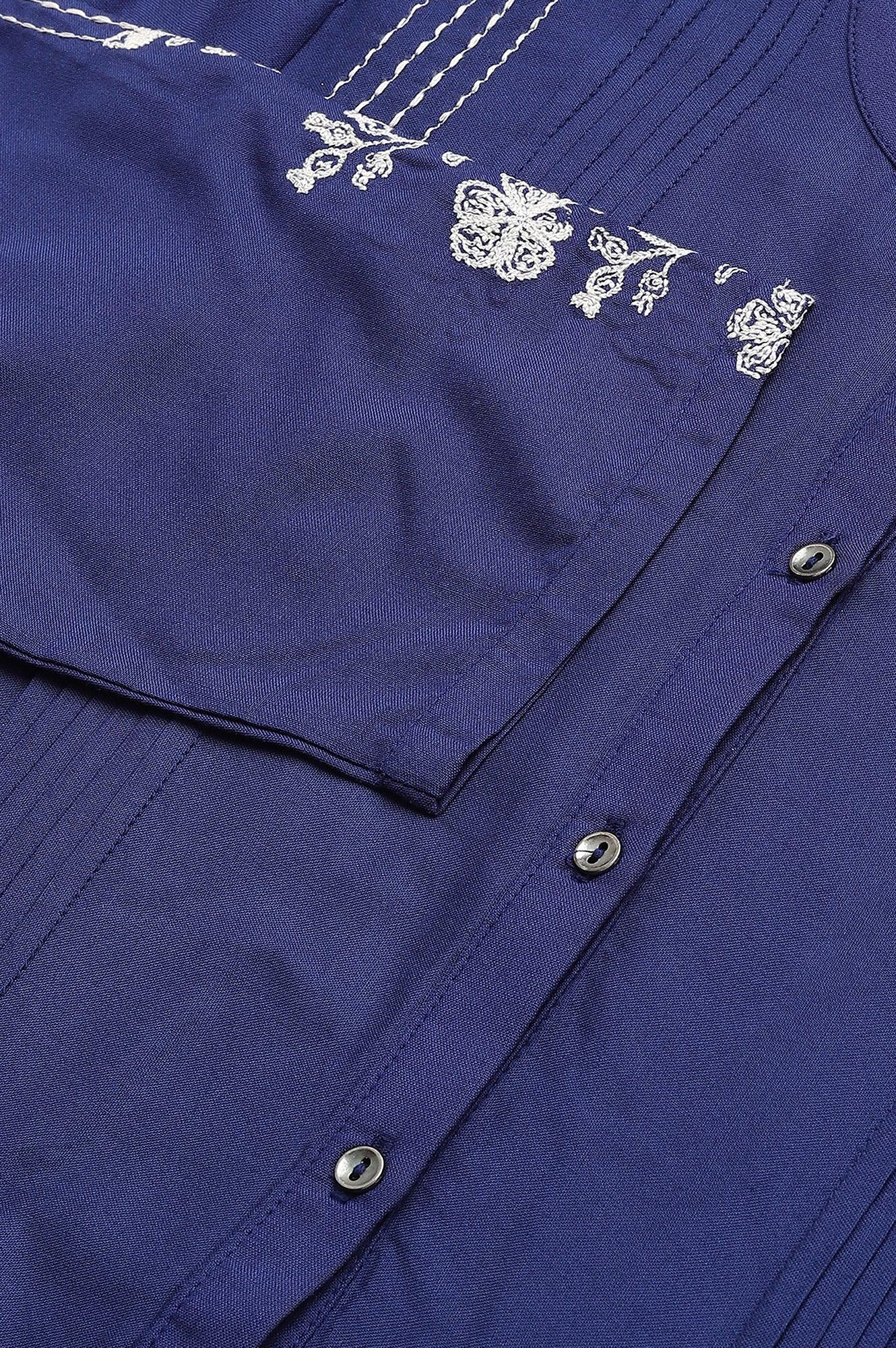 Dark Blue Embroidered kurta With Pleats - Image 8