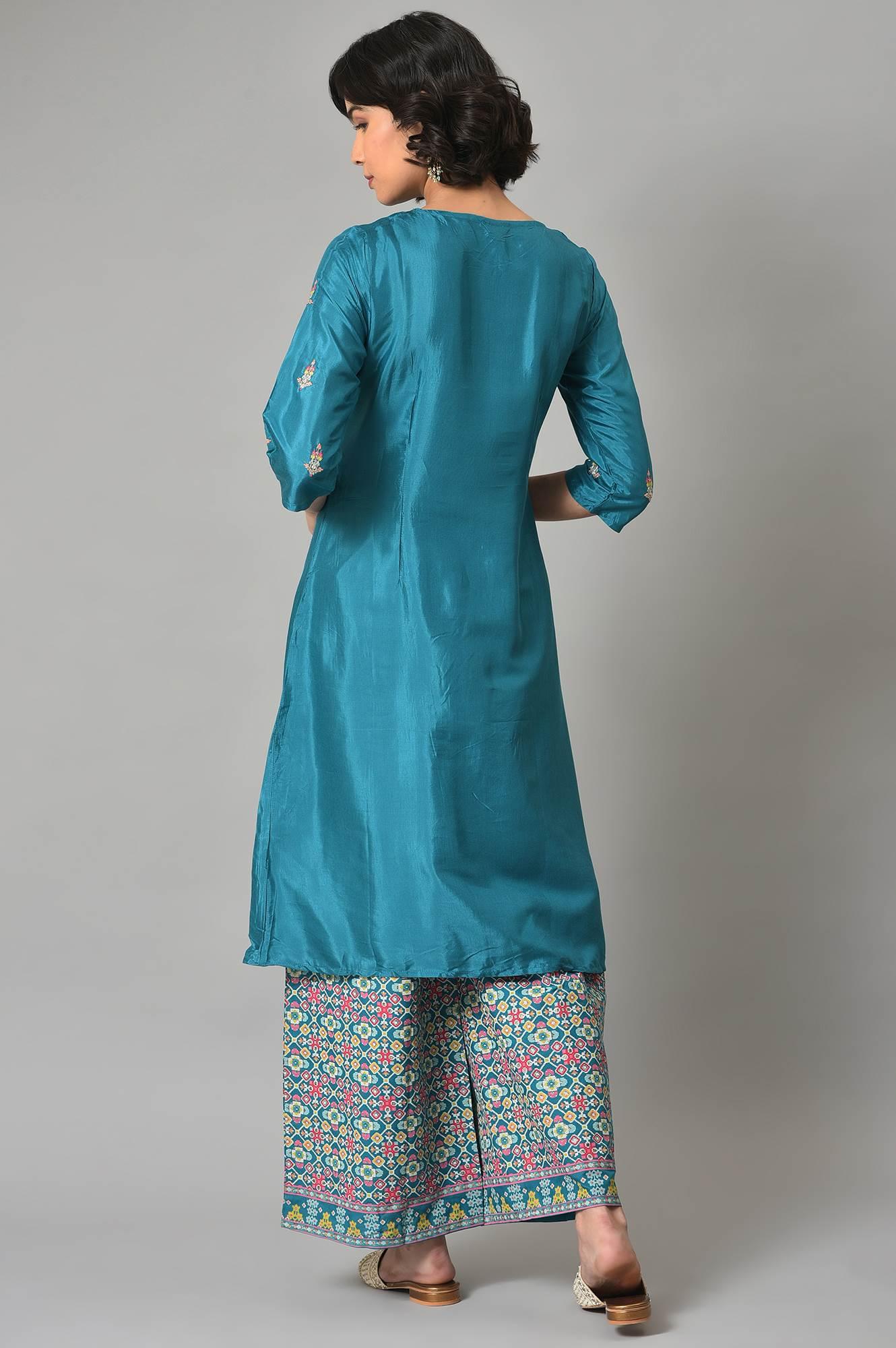 Dark Blue Embroidered Shantung kurta With Printed Parallel Pants - Image 2