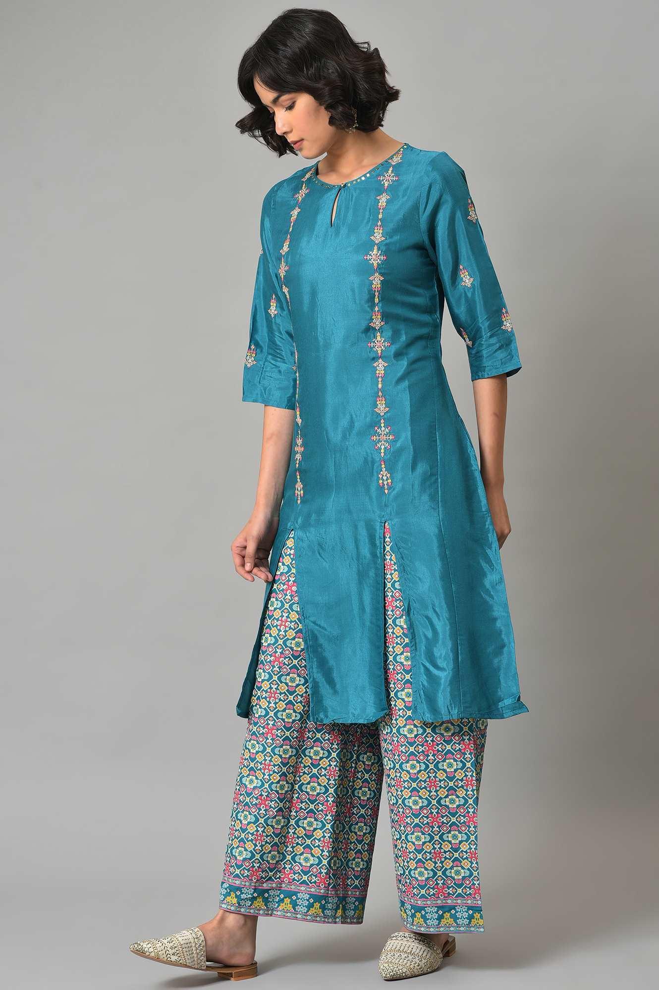 Dark Blue Embroidered Shantung kurta With Printed Parallel Pants - Image 3