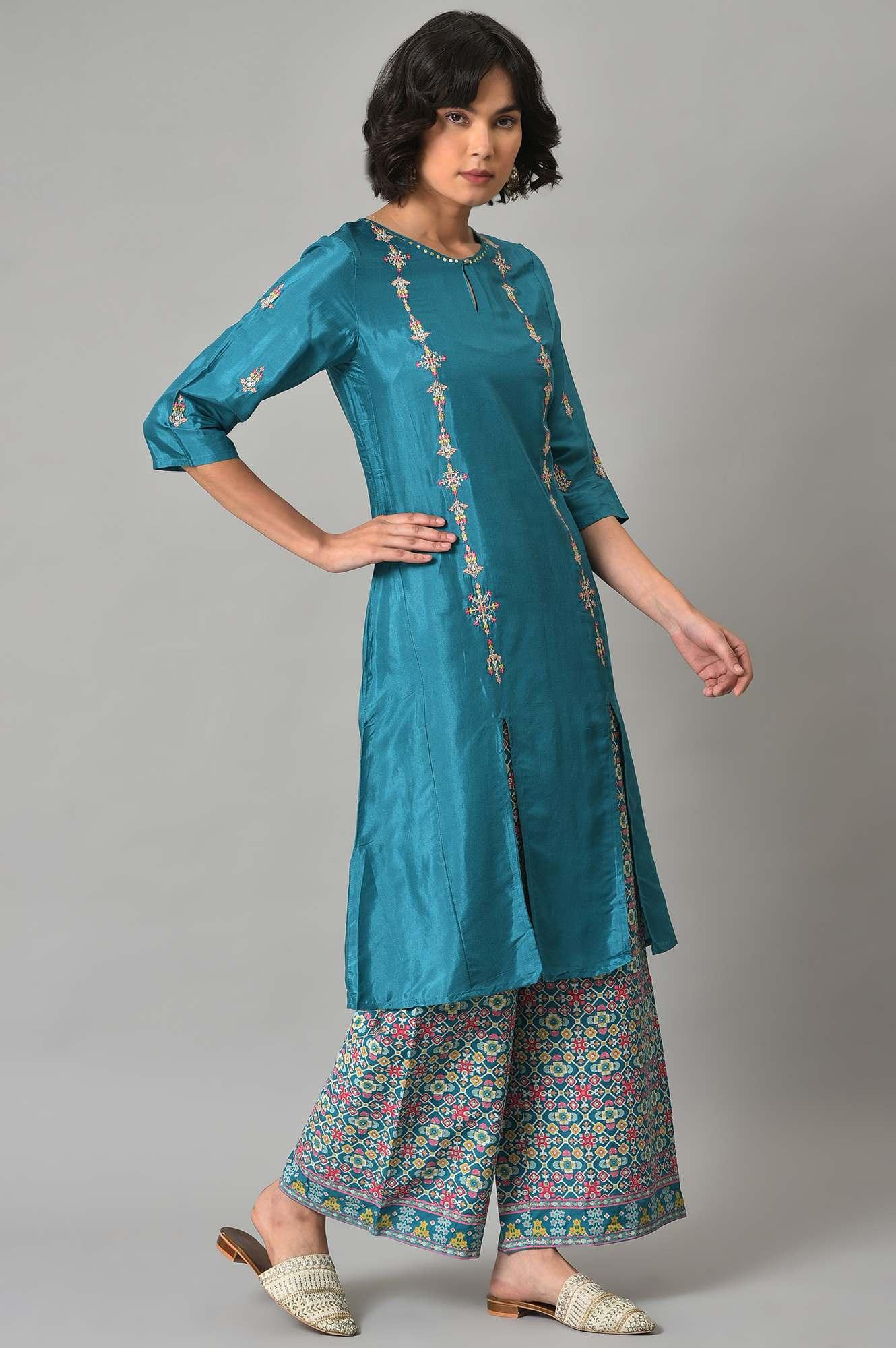 Dark Blue Embroidered Shantung kurta With Printed Parallel Pants - Image 4