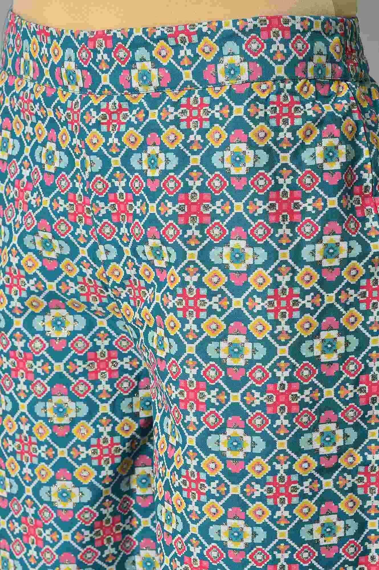 Dark Blue Embroidered Shantung kurta With Printed Parallel Pants - Image 7