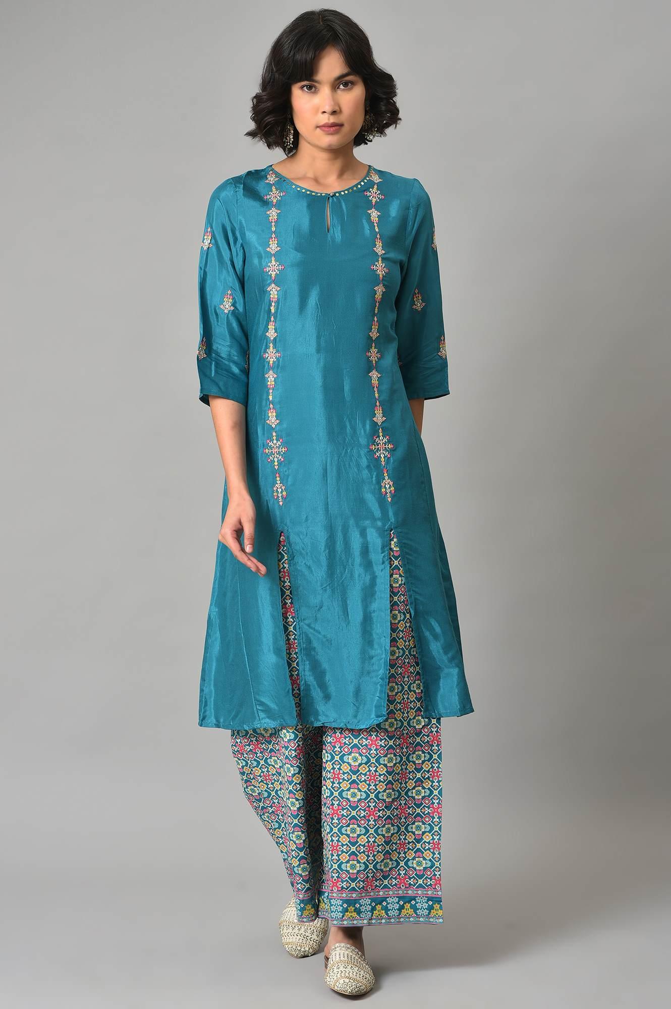 Dark Blue Embroidered Shantung kurta With Printed Parallel Pants - Image 9