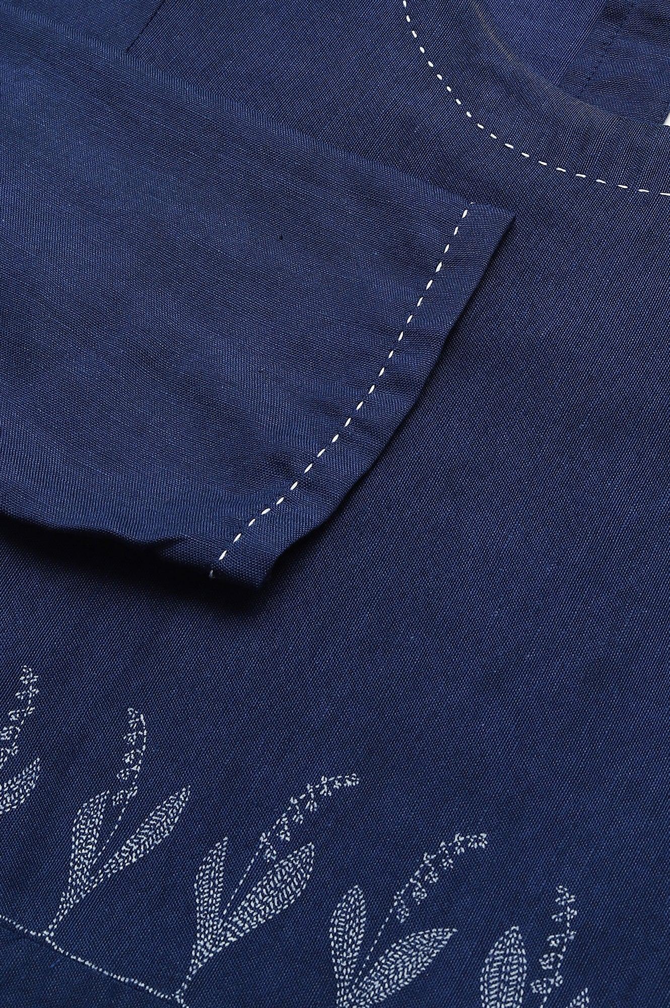 Dark Blue Floral kurta With Kantha Details - Image 7
