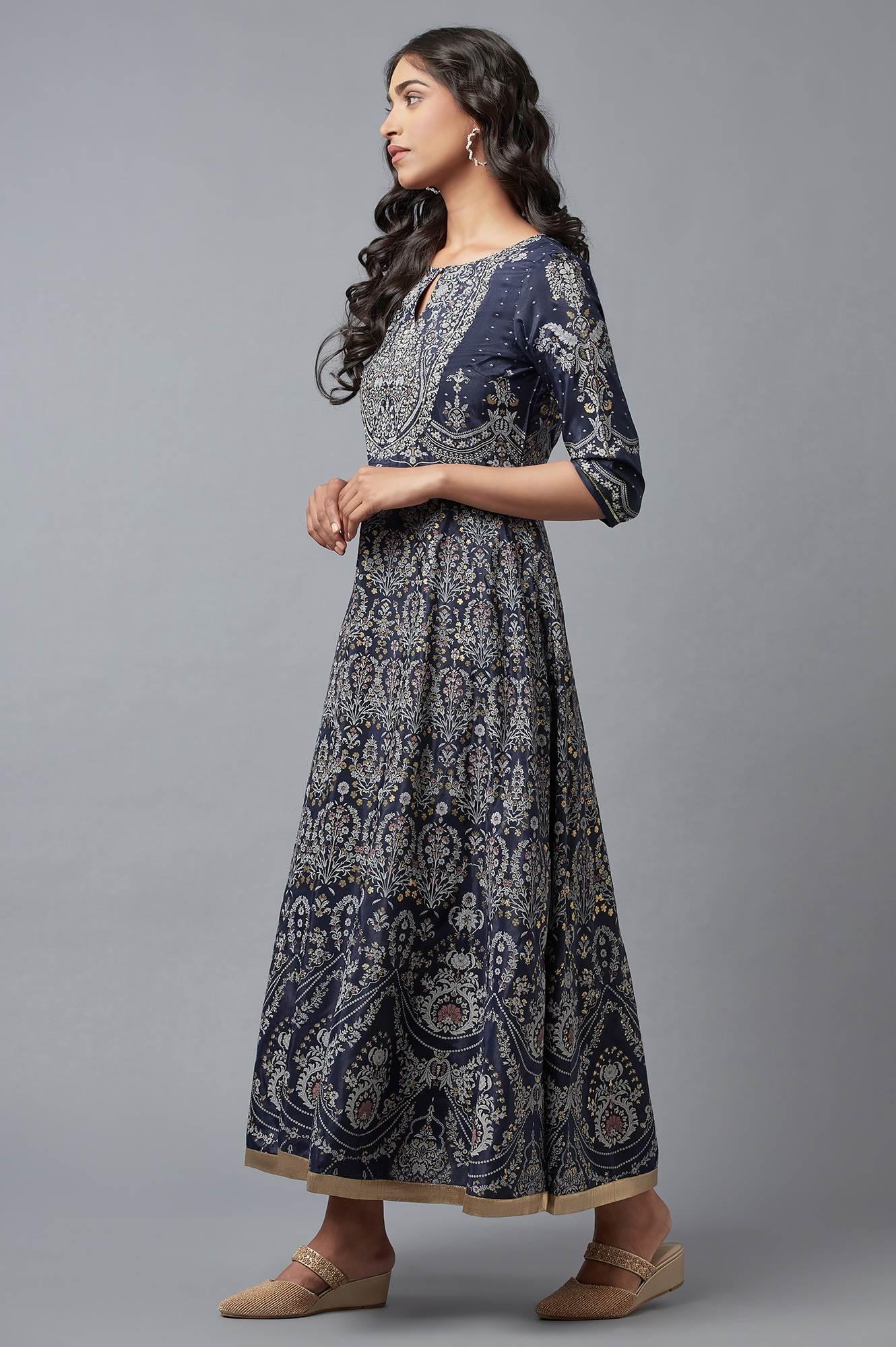 Dark Blue Floral Print Indie Dress - Image 3