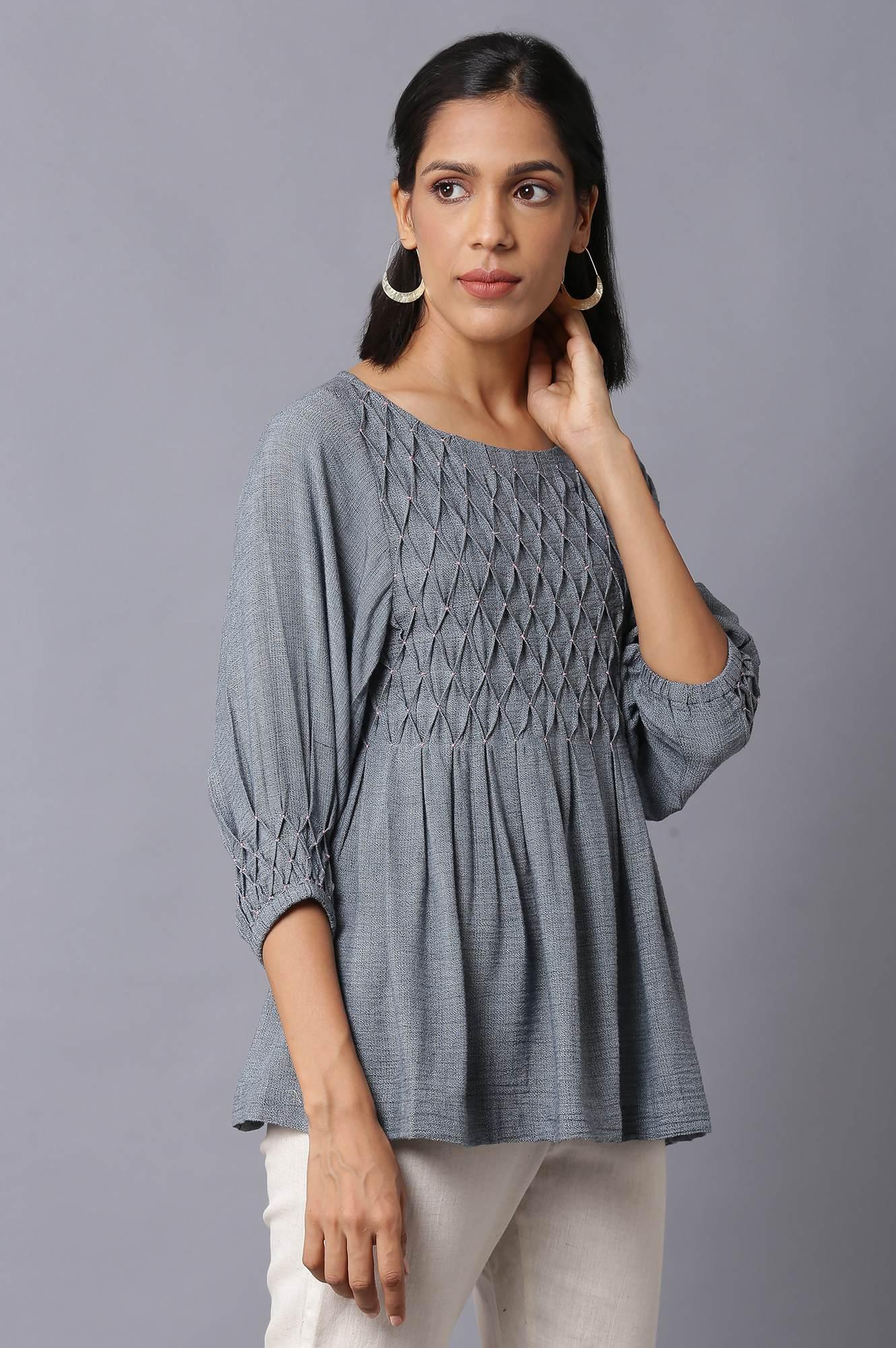 Dark Blue Top with Smocked Detail - Image 4
