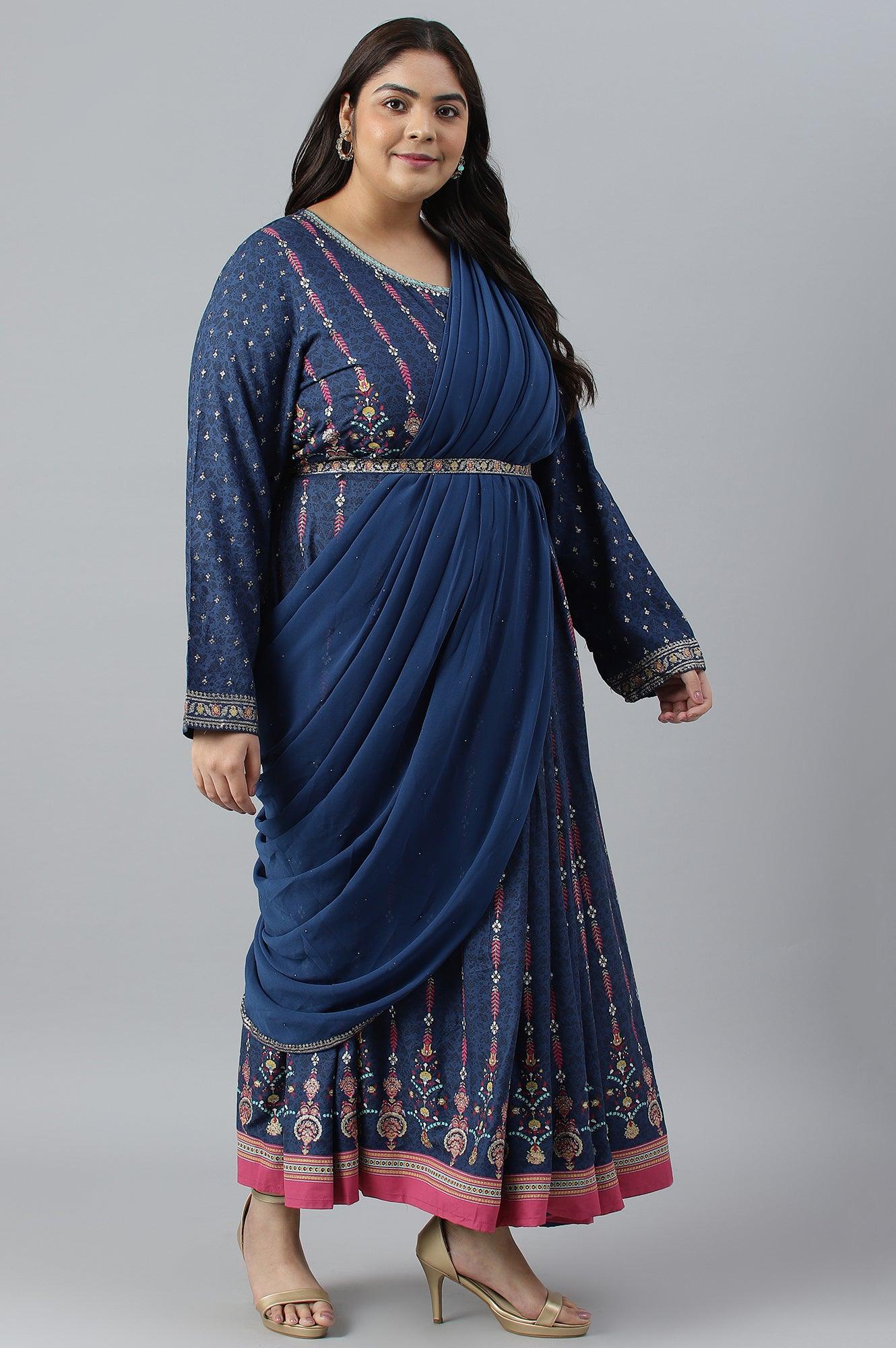 Dark Blue Glitter Printed Festive Plus Size Insta Saree Dress - Image 4