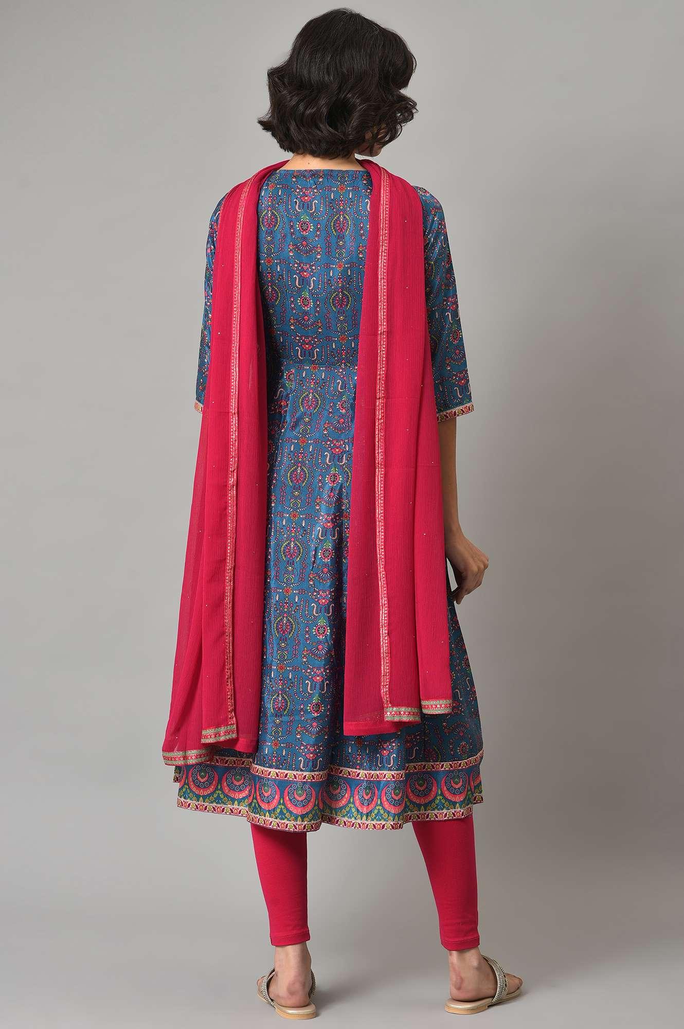 Dark Blue kurta With Pink Tights And Dupatta - Image 2