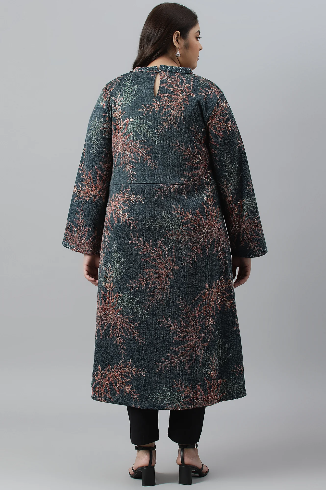 Dark Blue Light Festive Jacquard Plus Size Winter kurta - Image 2