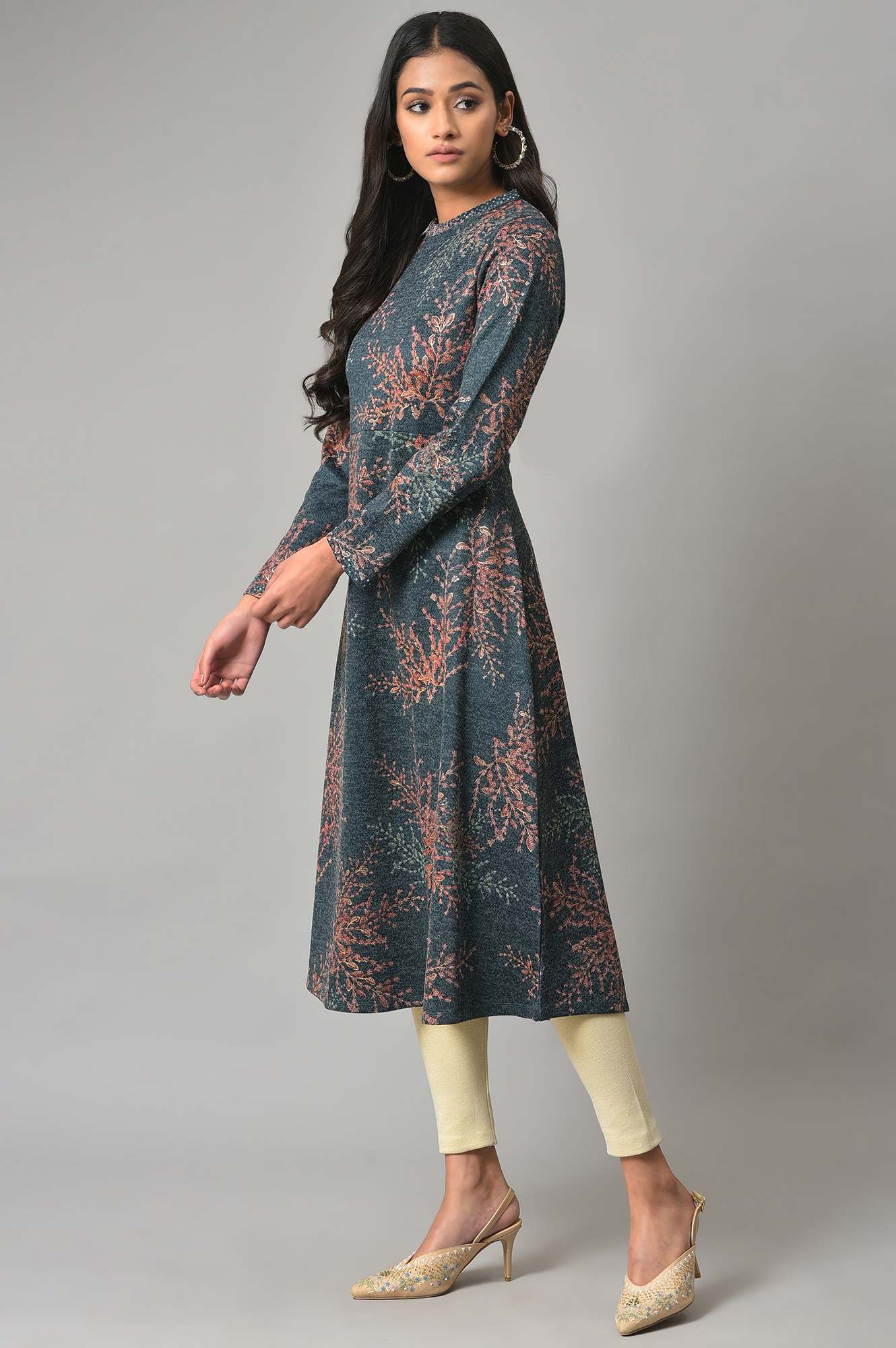 Dark Blue Light Festive Jacquard Winter kurta - Image 3