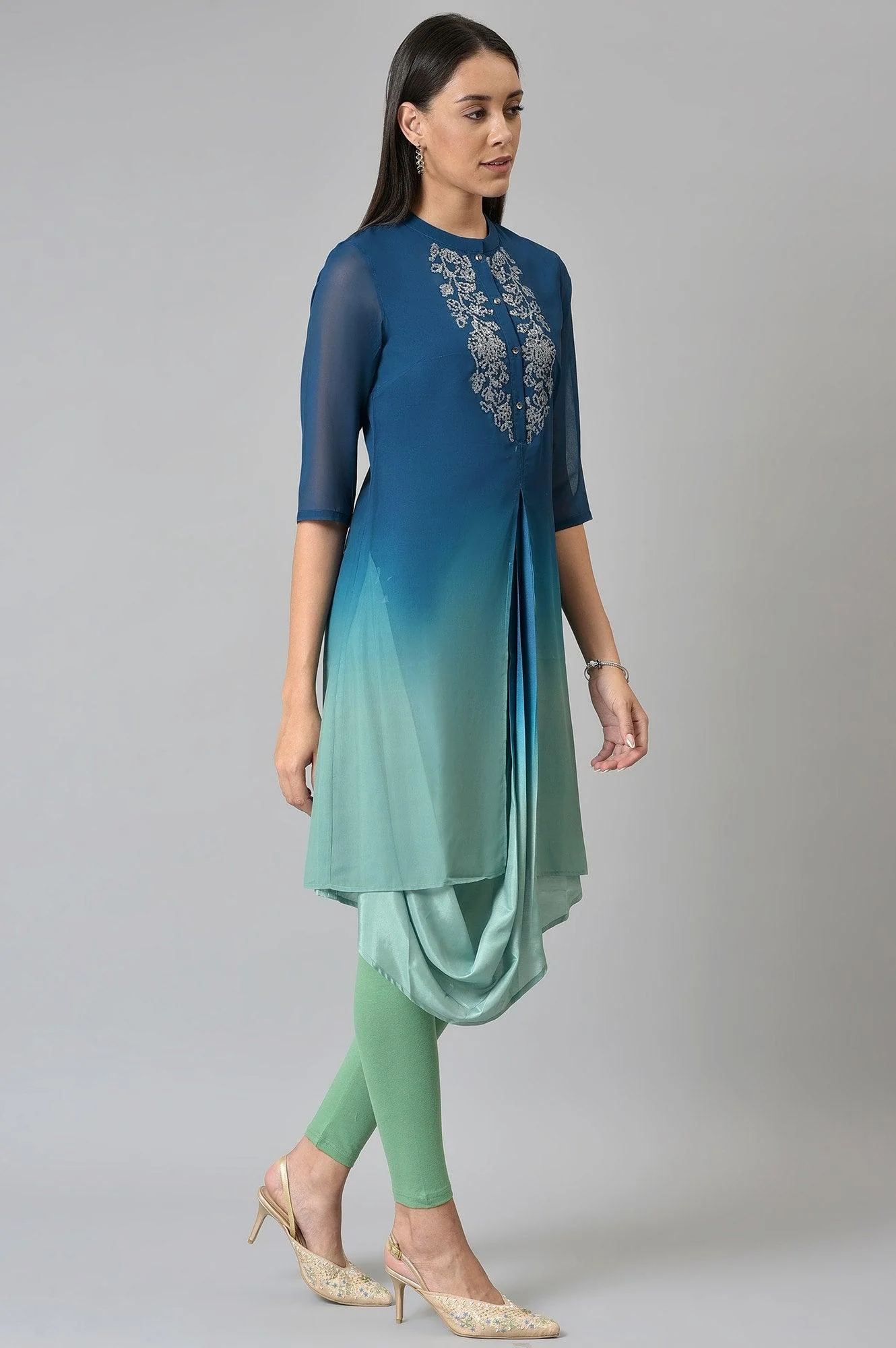 Dark Blue Ombre Cowl kurta With Tights - Image 4