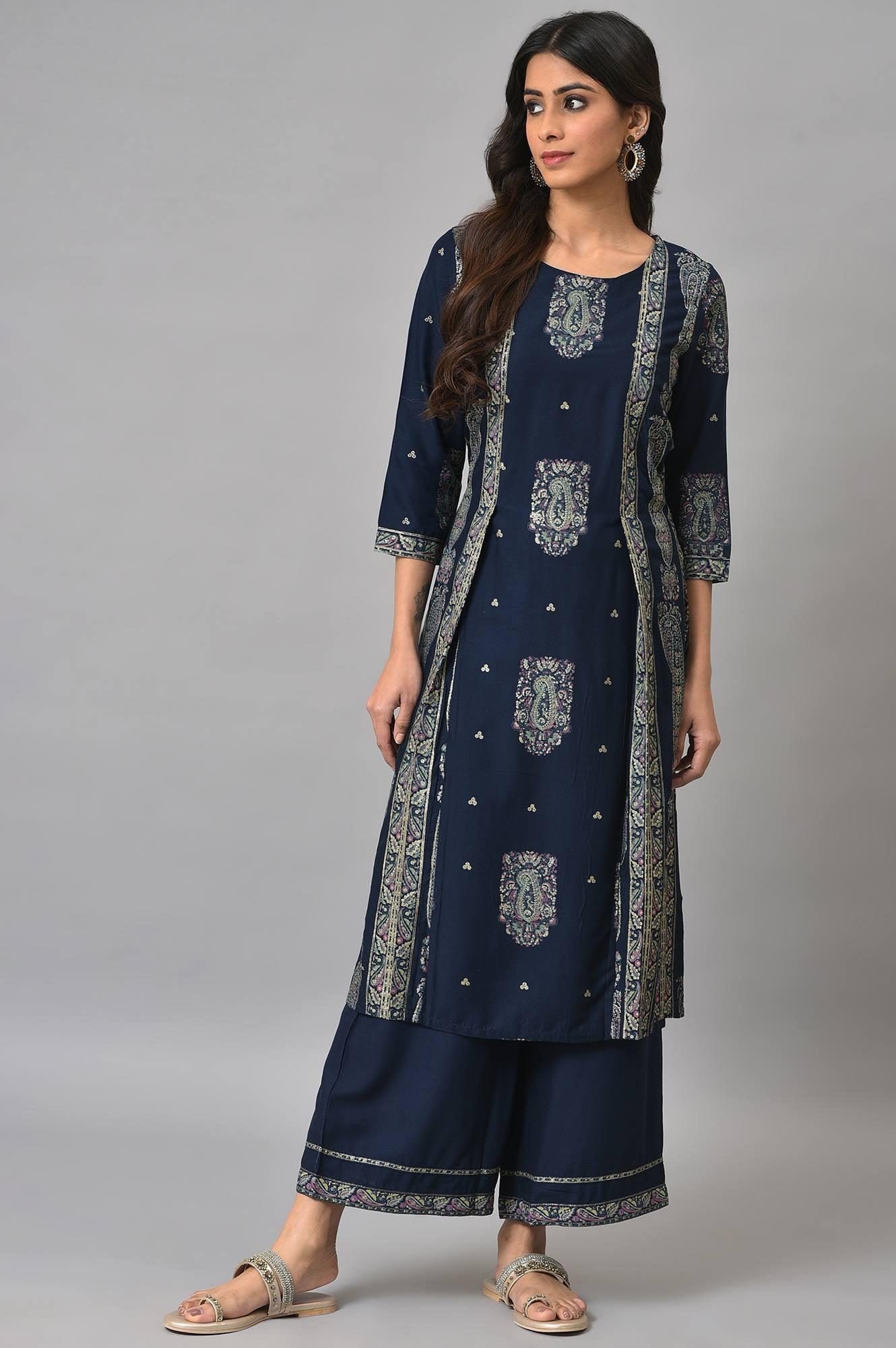 Dark Blue Paisley Printed kurta With Parallel Pants - Image 9