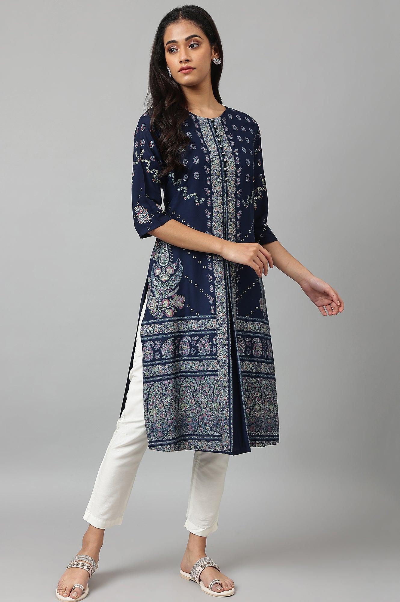 Dark Blue Placement Print Rayon kurta - Image 5