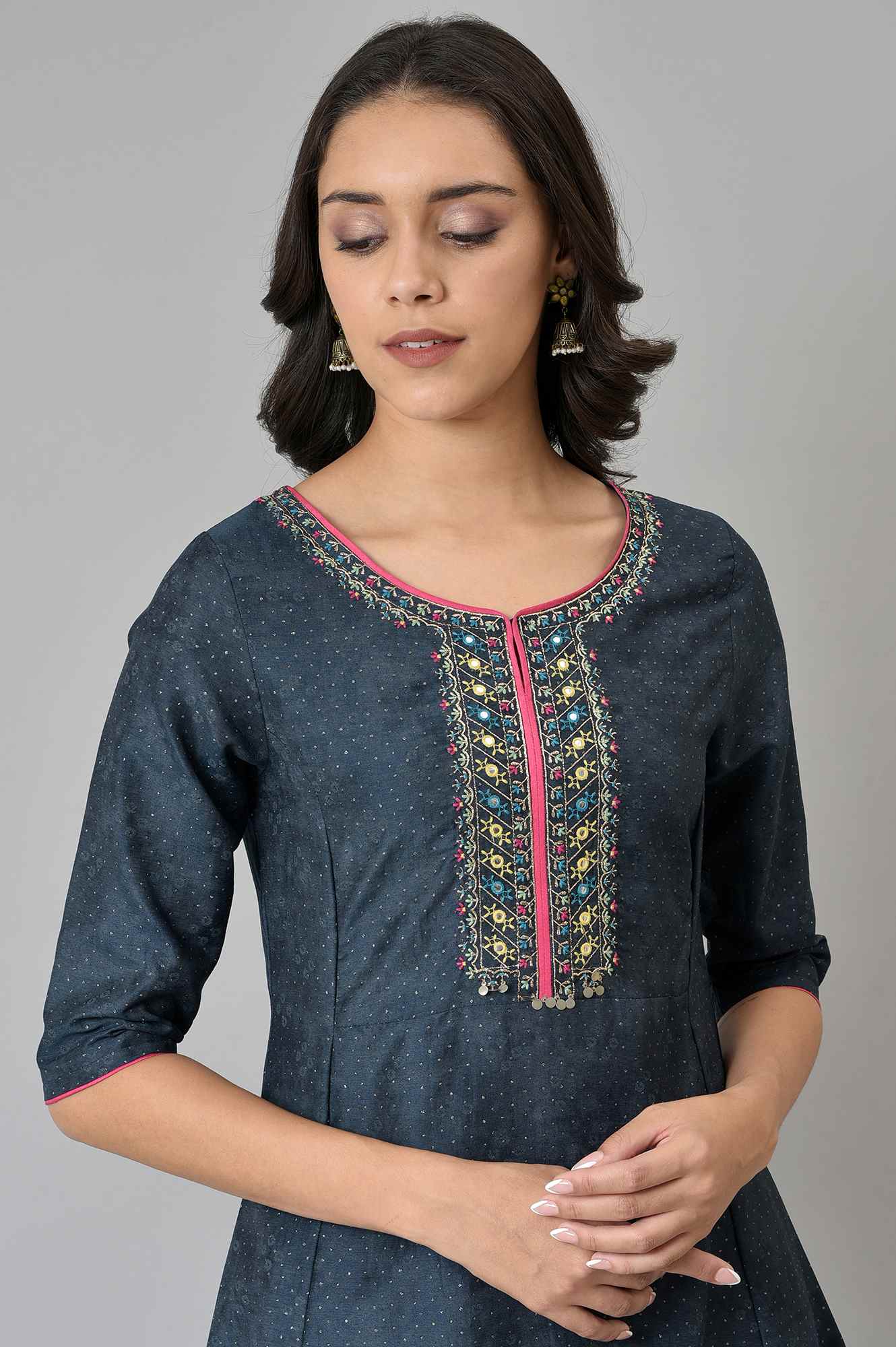 Dark Blue Polka Dots Printed Shantung A-Line Kurta with Parallel Pant Set - Image 2
