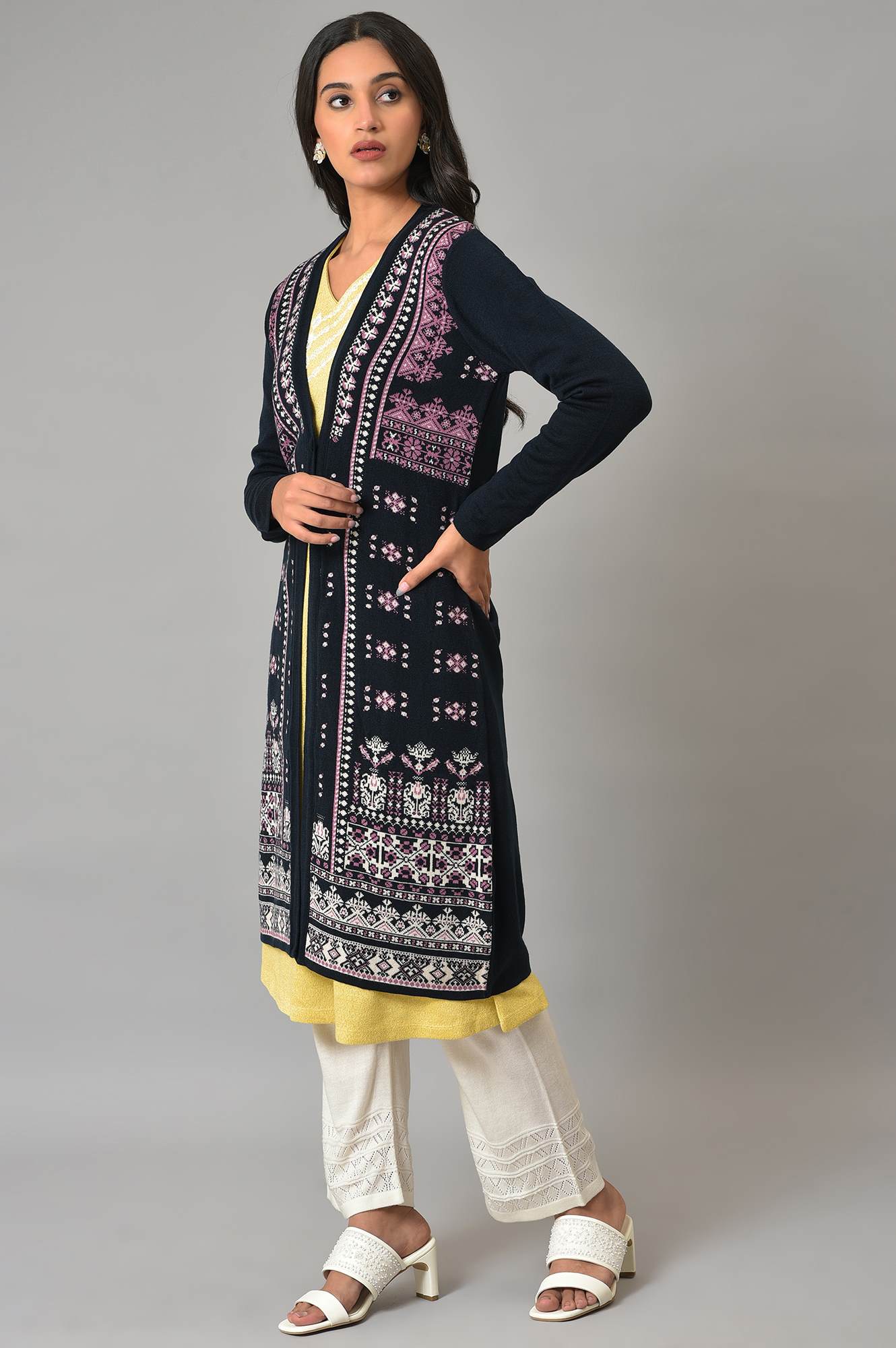 Dark Blue Printed Women Cardigan - Image 3