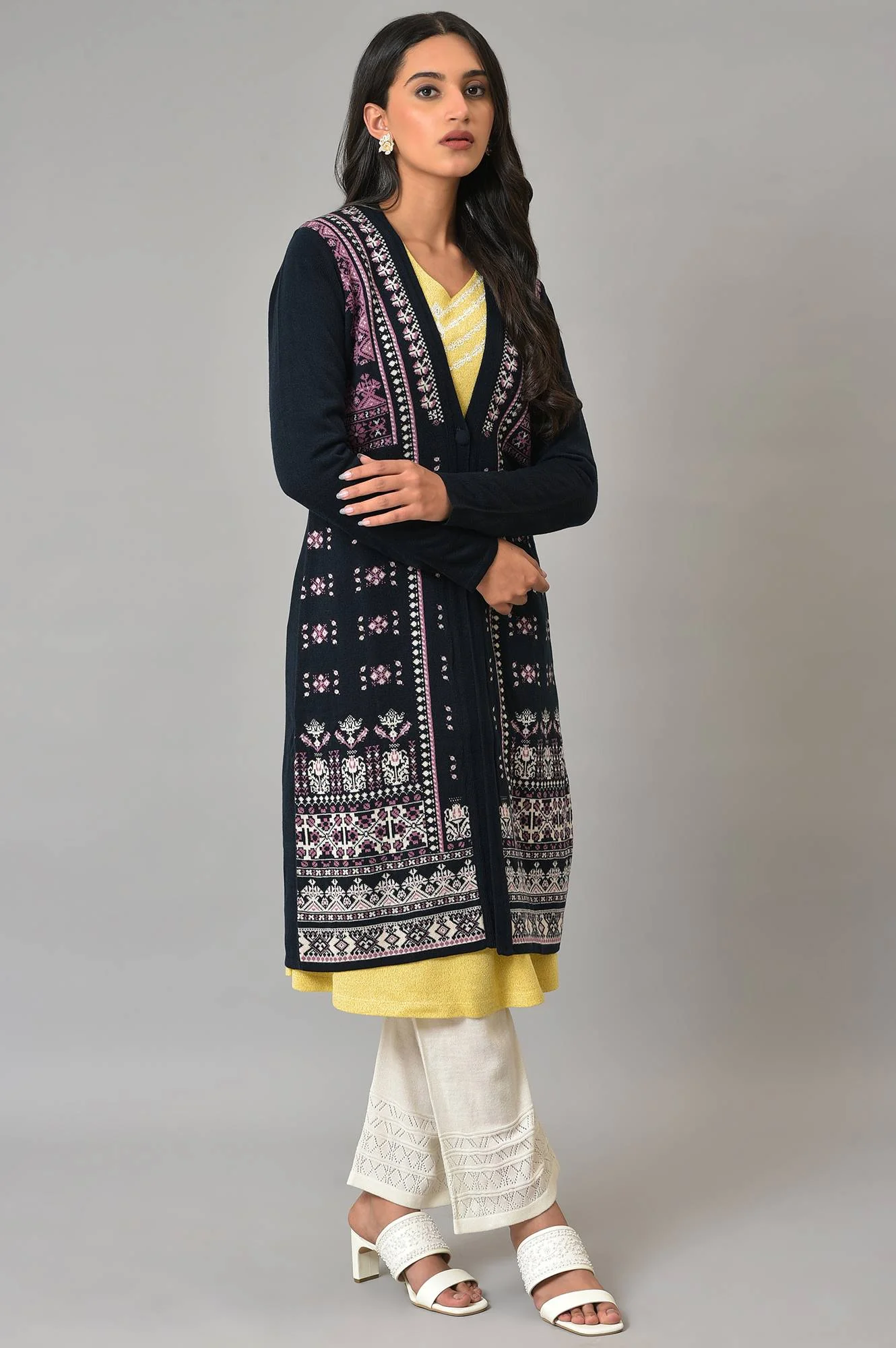 Dark Blue Printed Women Cardigan - Image 4