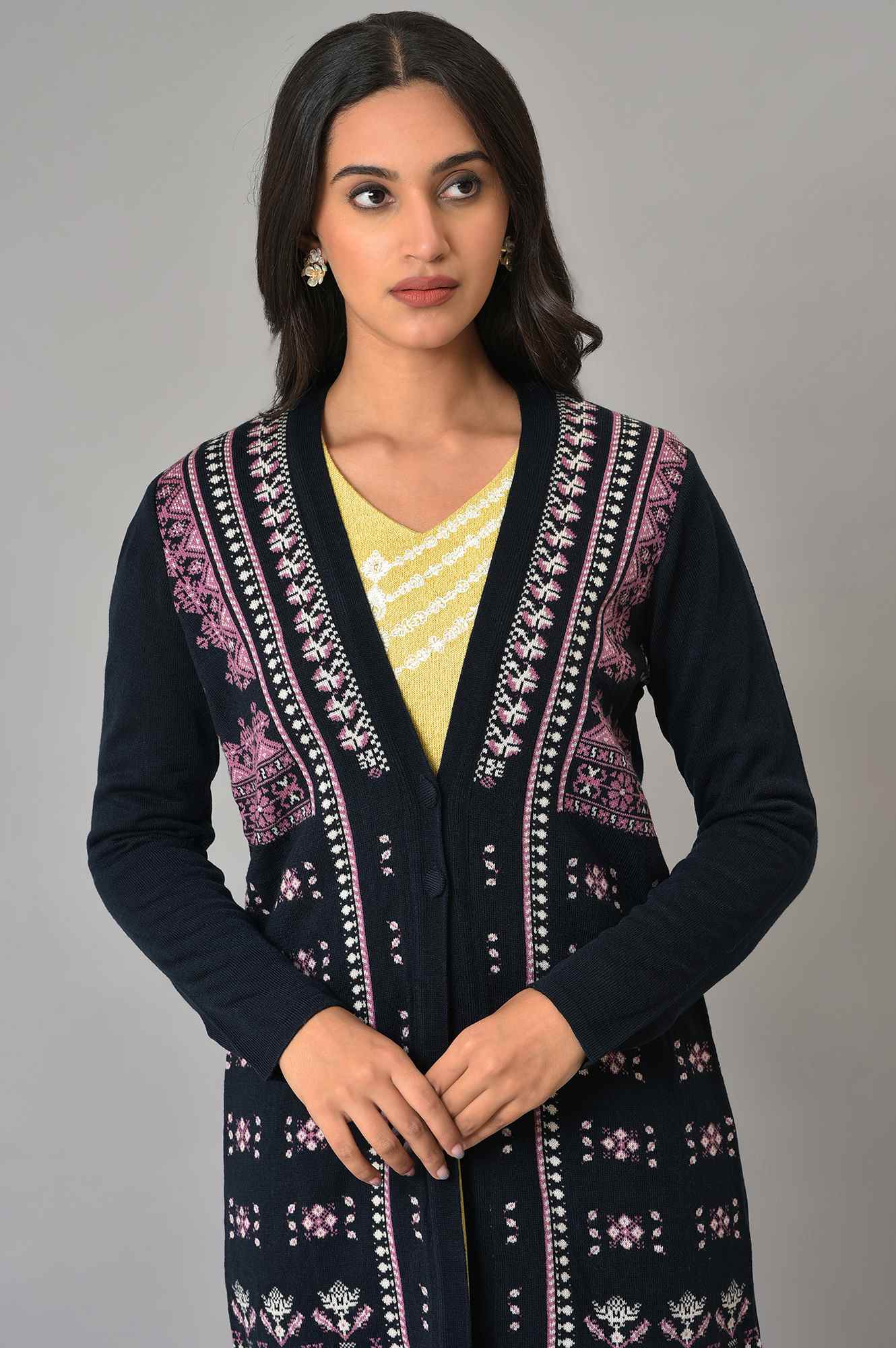 Dark Blue Printed Women Cardigan - Image 5
