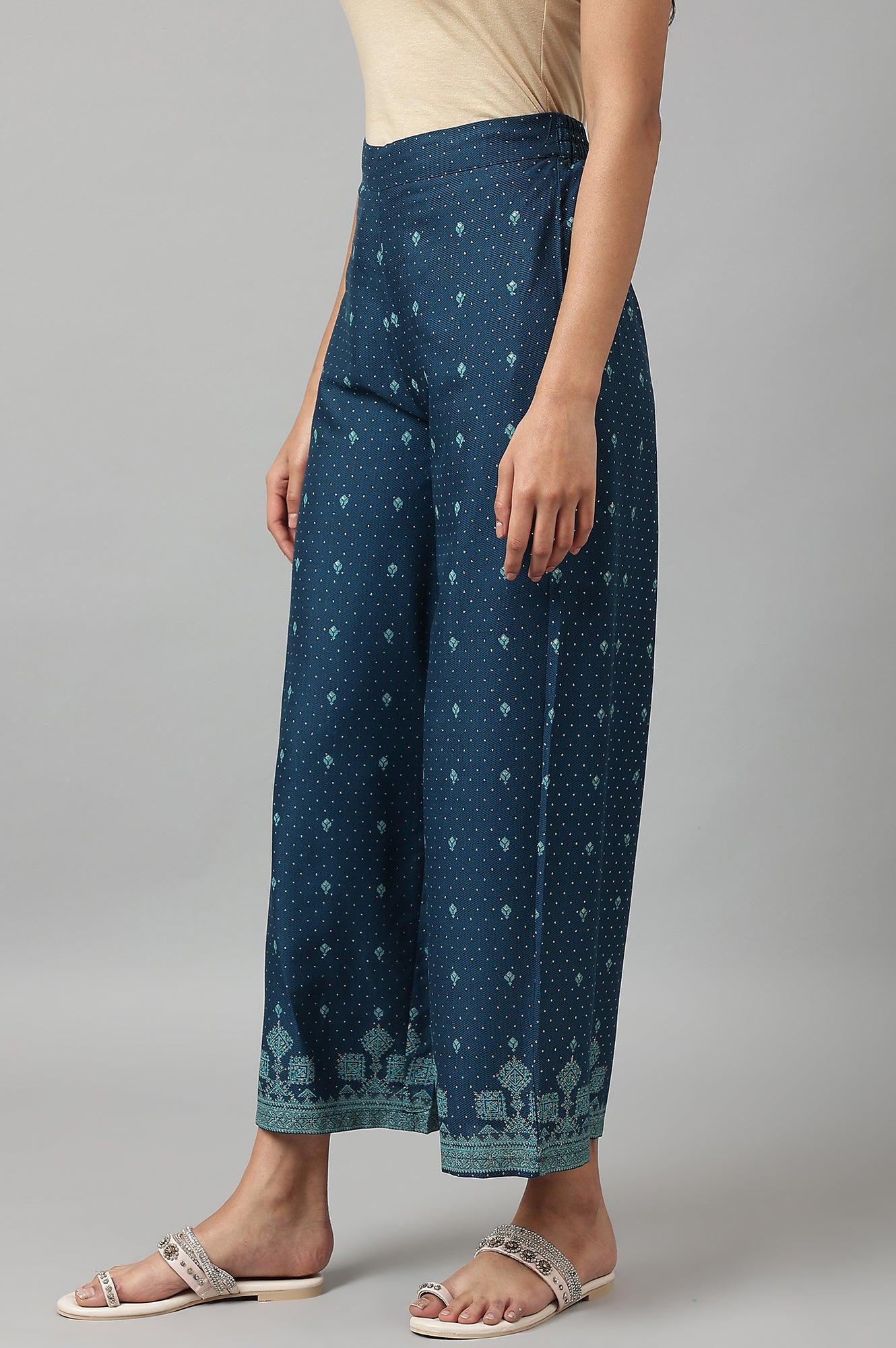 Dark Blue Rayon Printed Parallel Pants - Image 2