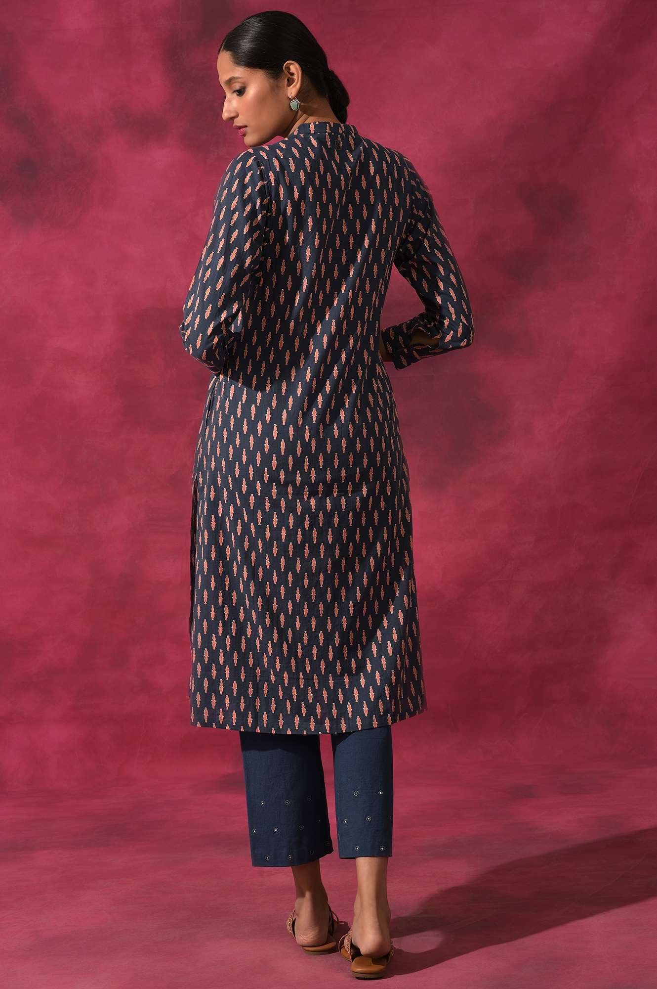 Dark Blue Shirt Dress In Hand Block Print - Image 2