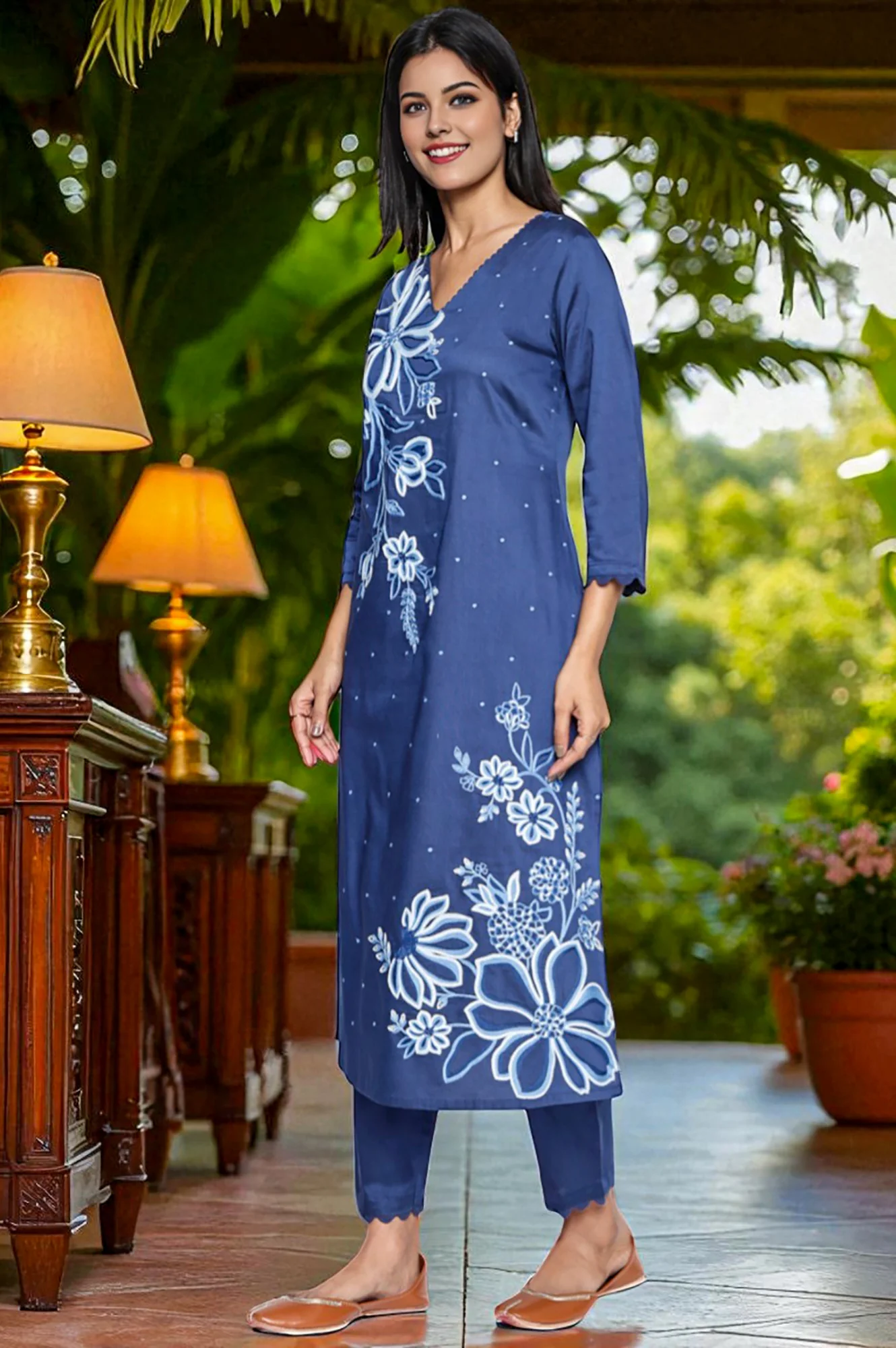 Dark Blue Solid Printed A-Line Kurta, Straight Pant and Dupatta Set - Image 3