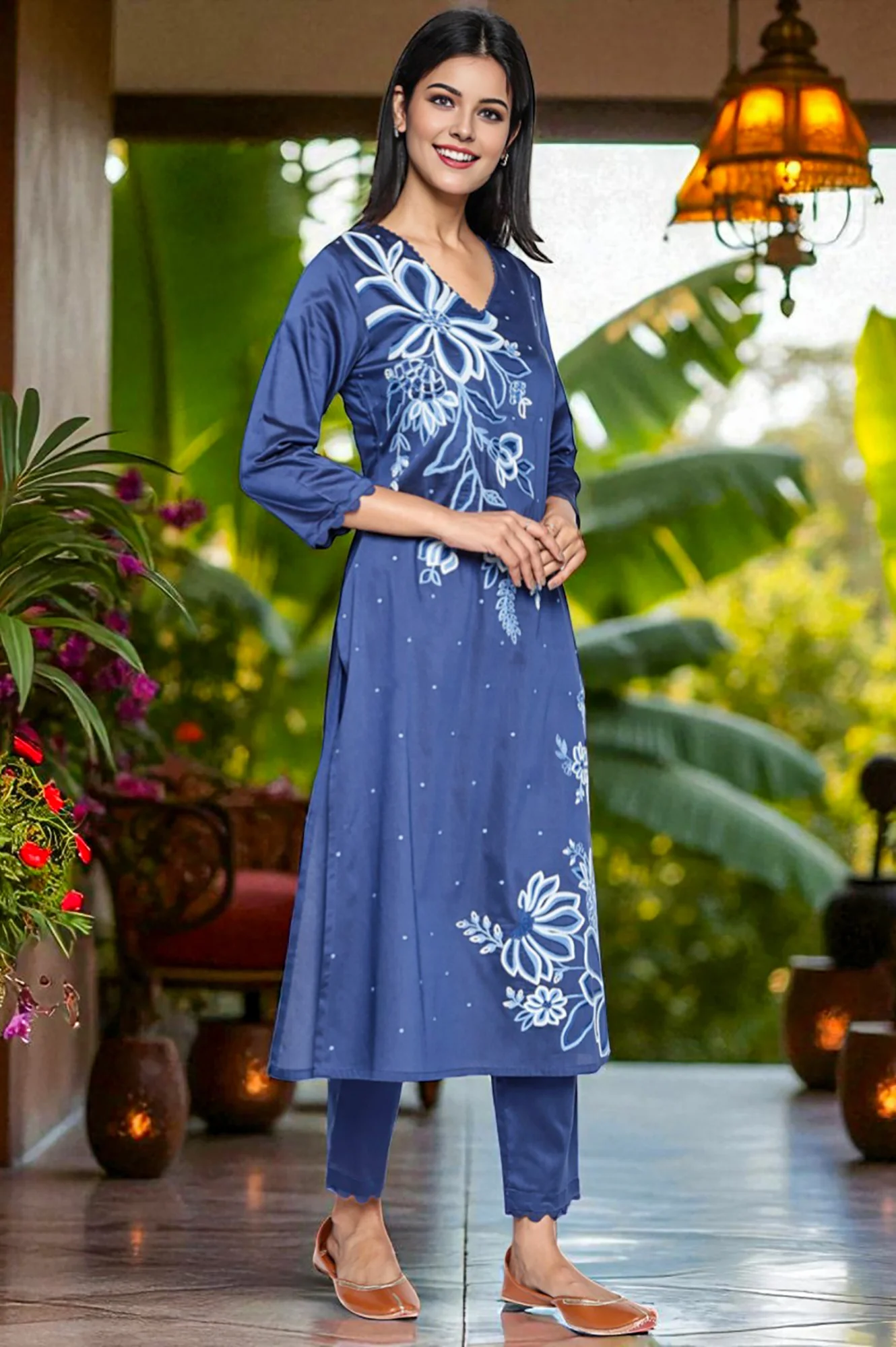 Dark Blue Solid Printed A-Line Kurta, Straight Pant and Dupatta Set - Image 5