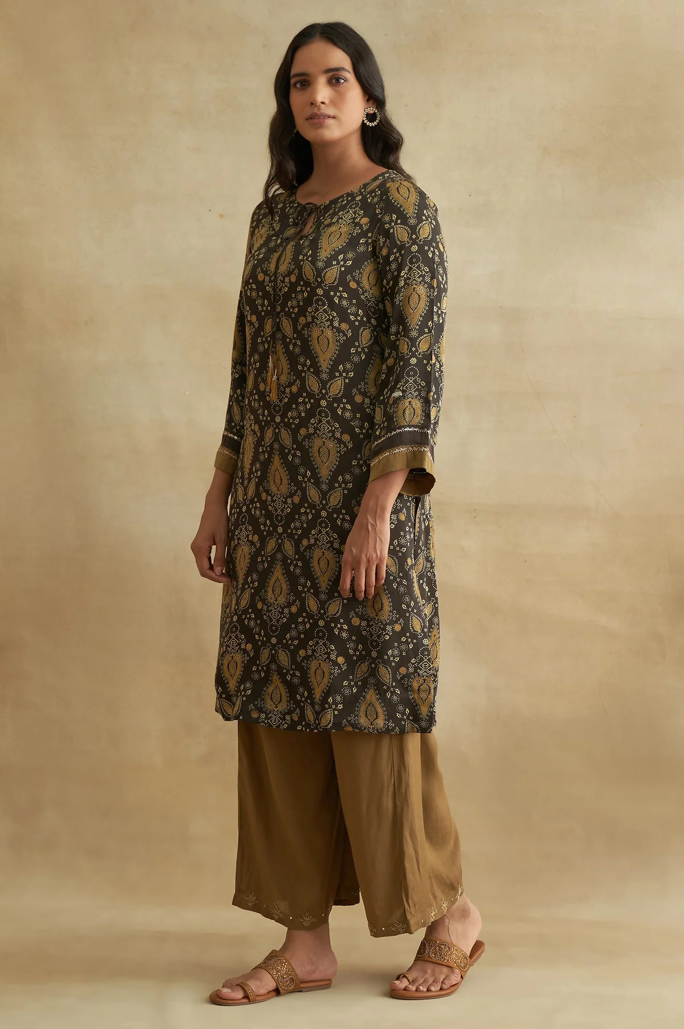 Dark Brown Ajrakh Print kurta In Fluid Satin - Image 3