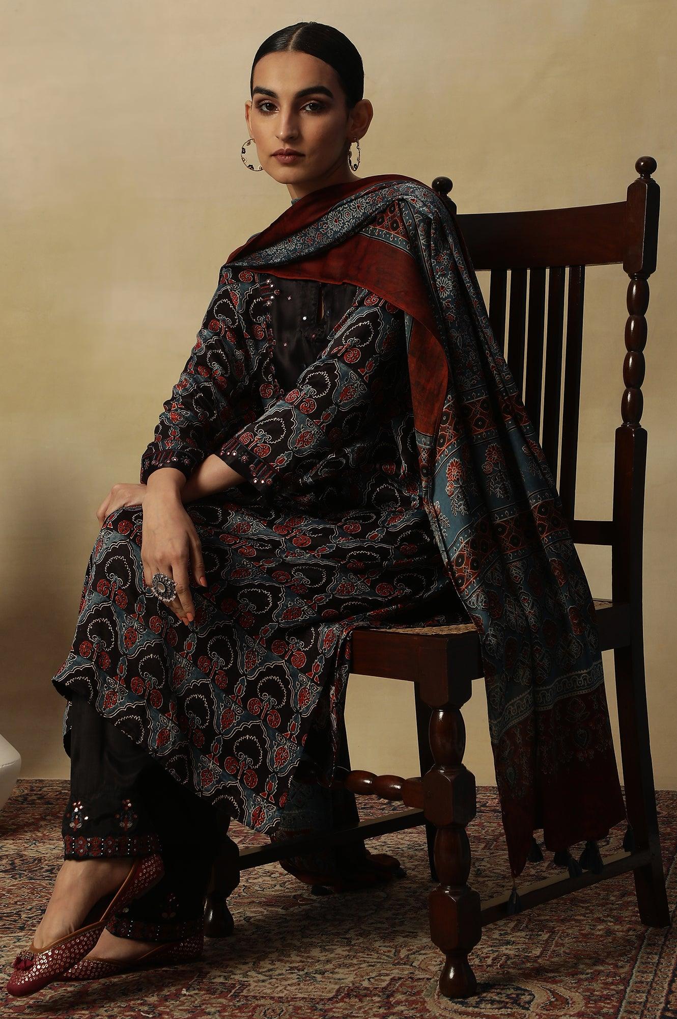 Dark Brown Ajrakh Printed Kurta In Lustrous Satin - Image 6