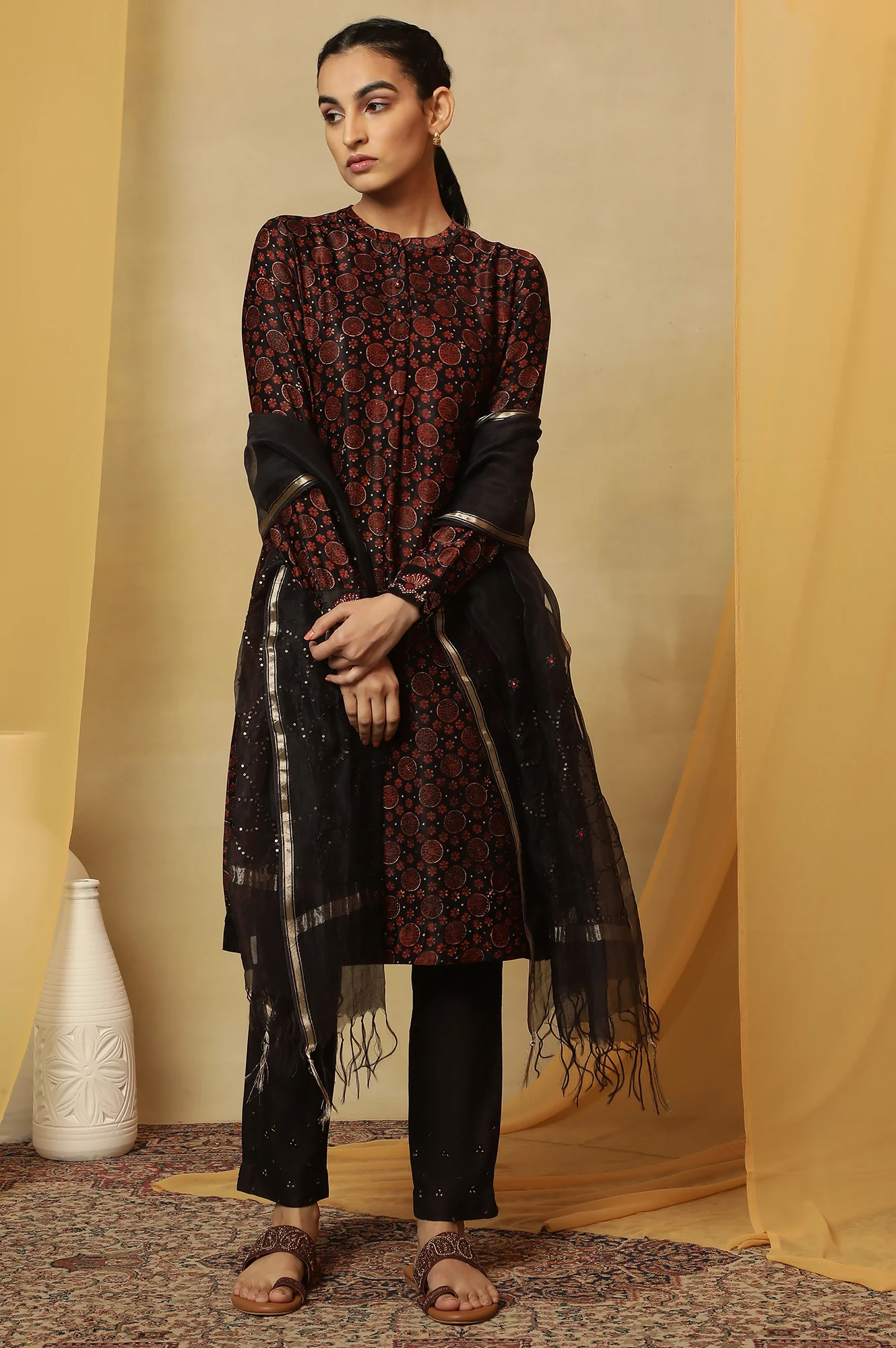 Dark Brown Bi-Coloured Ajrakh Print Kurta In Satin - Image 6