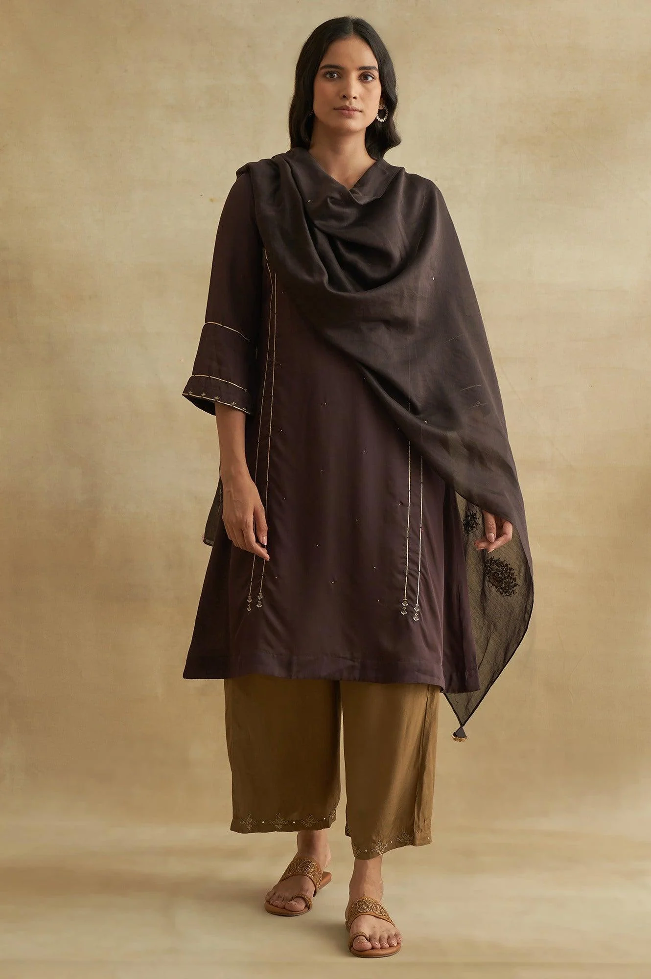 Dark Brown Cotton Silk Embroidered Drape - Image 2