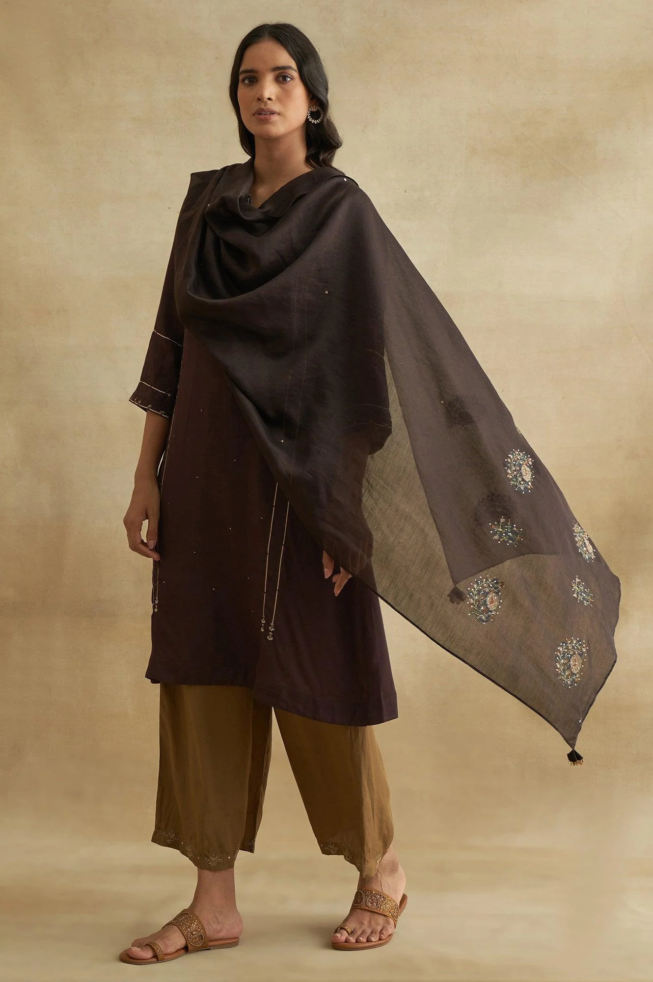Dark Brown Cotton Silk Embroidered Drape - Image 3
