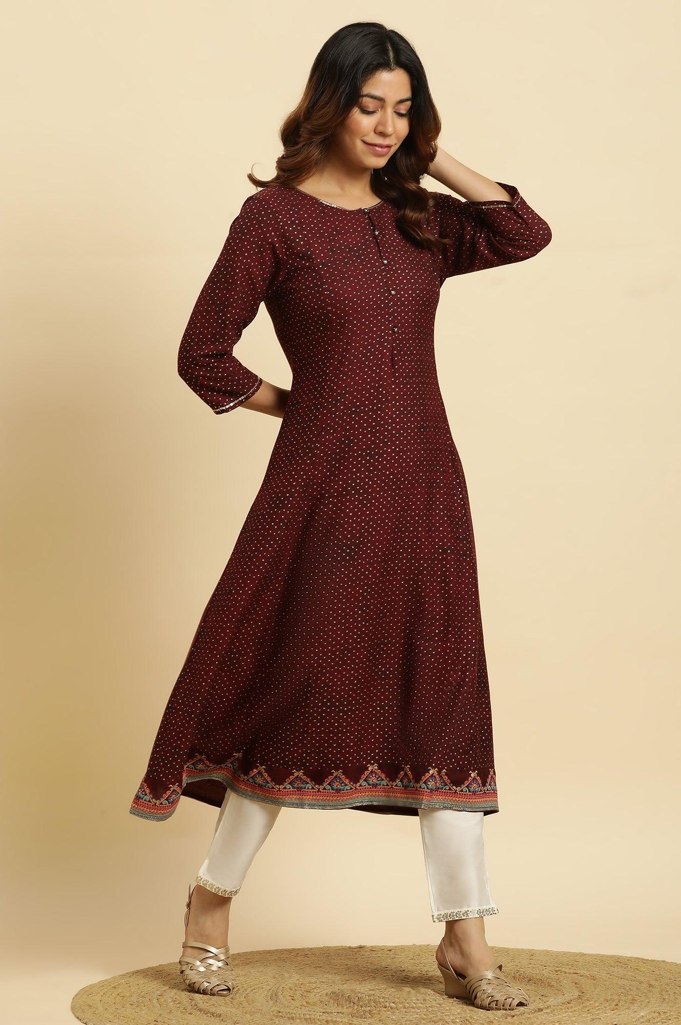 Dark Brown Embellished Flared Kurta