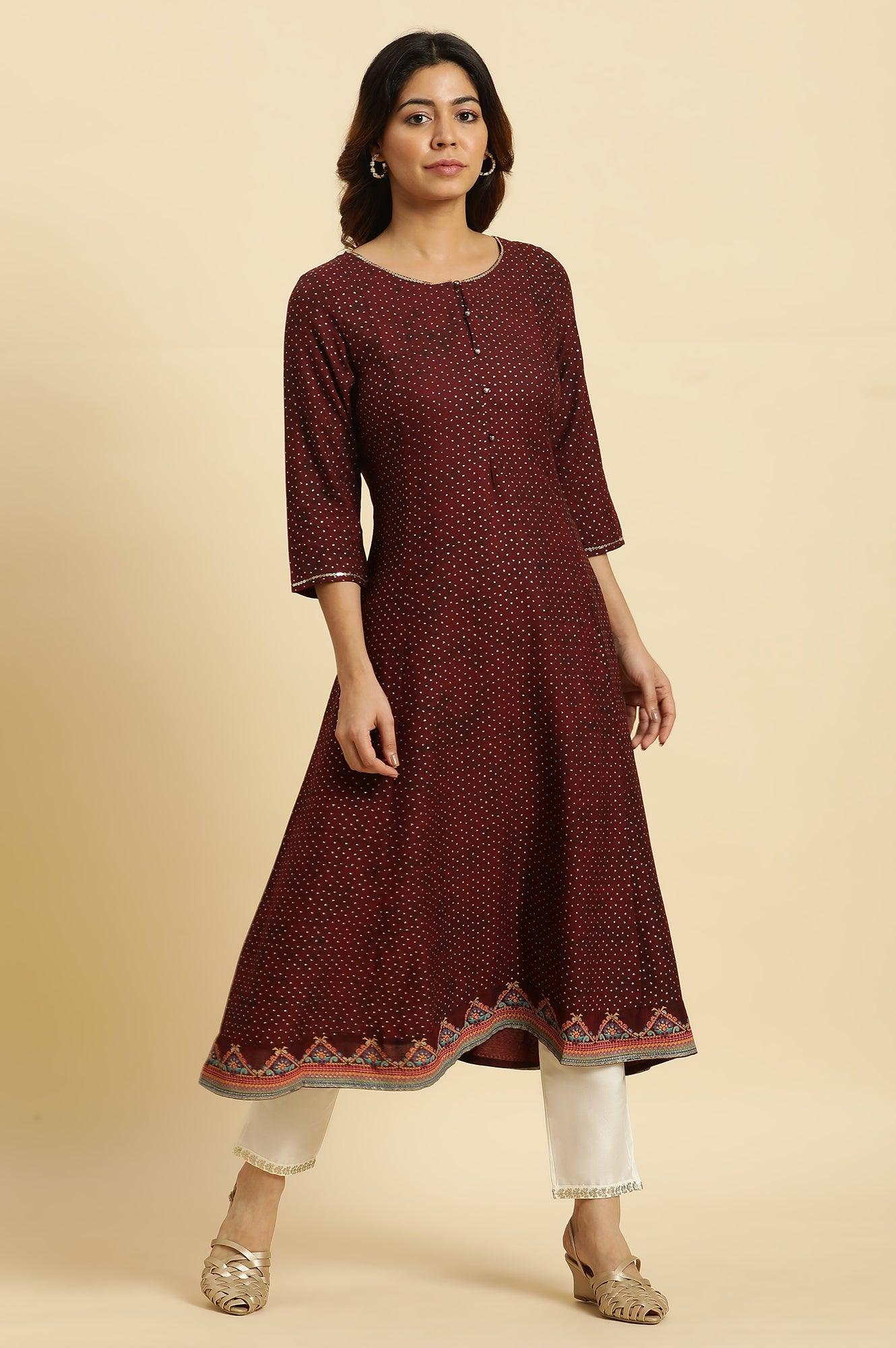 Dark Brown Embellished Flared Kurta - Image 5